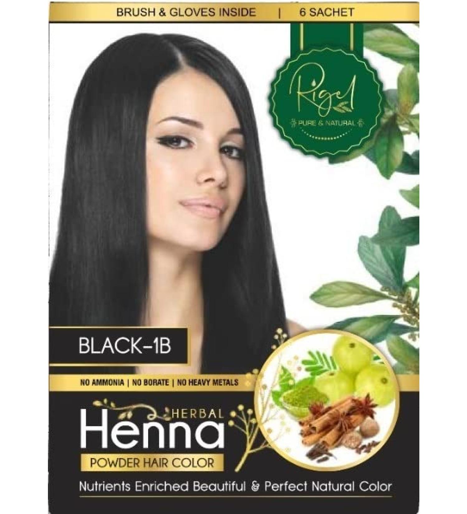 Rigel Herbal Henna Powder BLACK Hair Color Dye Perfect Natural Colouring 60gm (6 SACHET) Ammonia Free Black 6 Count (Pack of 1)
