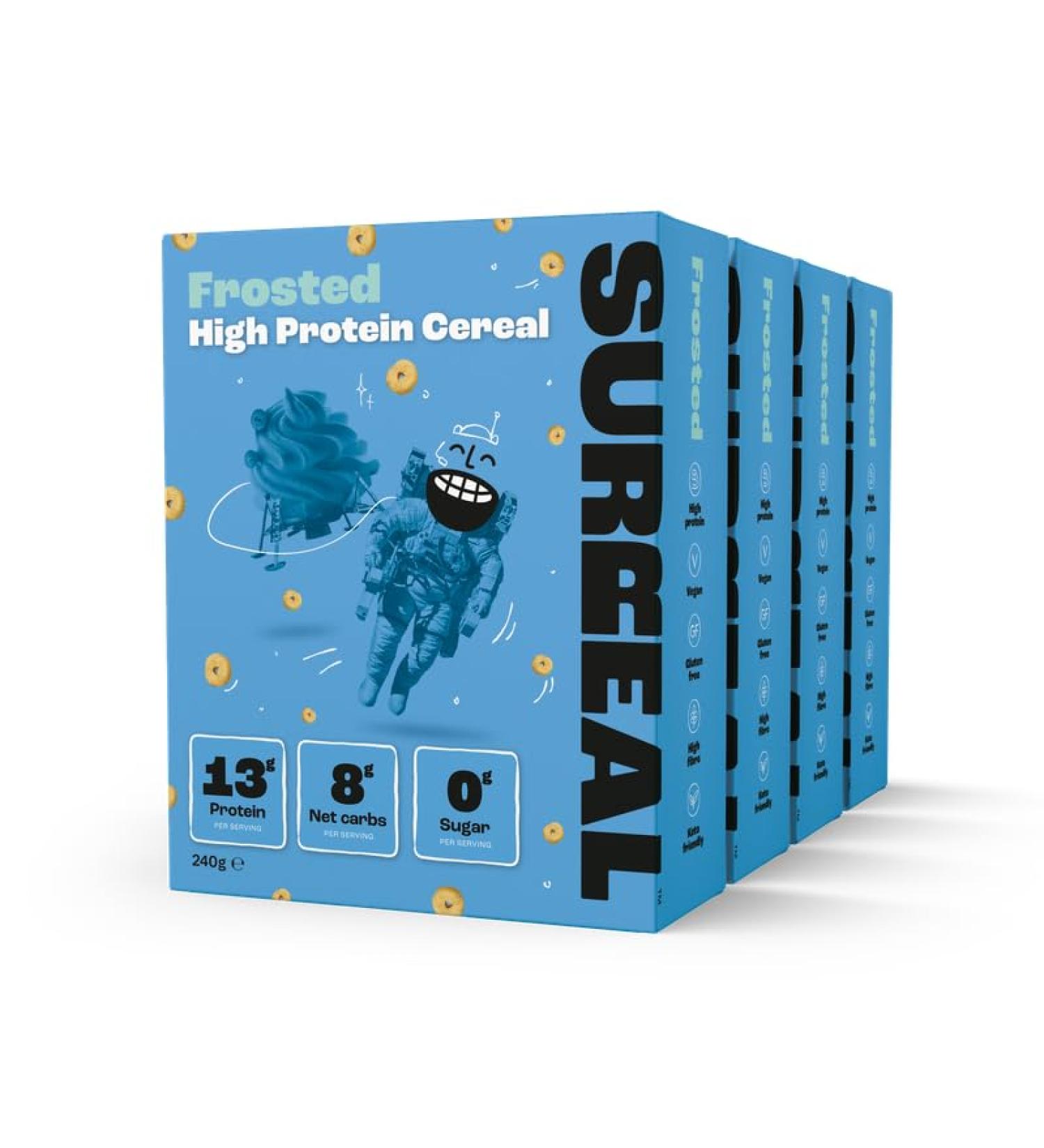 Surreal Frosted High Protein Cereal - Low Sugar- Healthy Plant Based Cereal - High in Fibre - Low Carb - Gluten Free - Vegan - 12g of Protein 0g of Sugar - 240g per Box - 4 Pack (4 x Frosted) - Buy Online on GoSupps.com