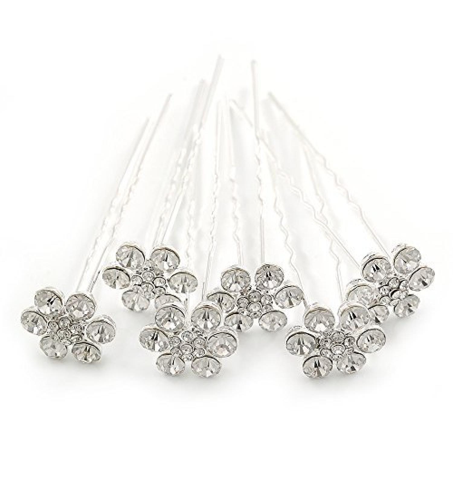 Bridal/Wedding/Prom/Party Set Of 6 Clear Austrian Crystal Daisy Flower Hair Pins In Silver Tone - Buy Online on GoSupps.com