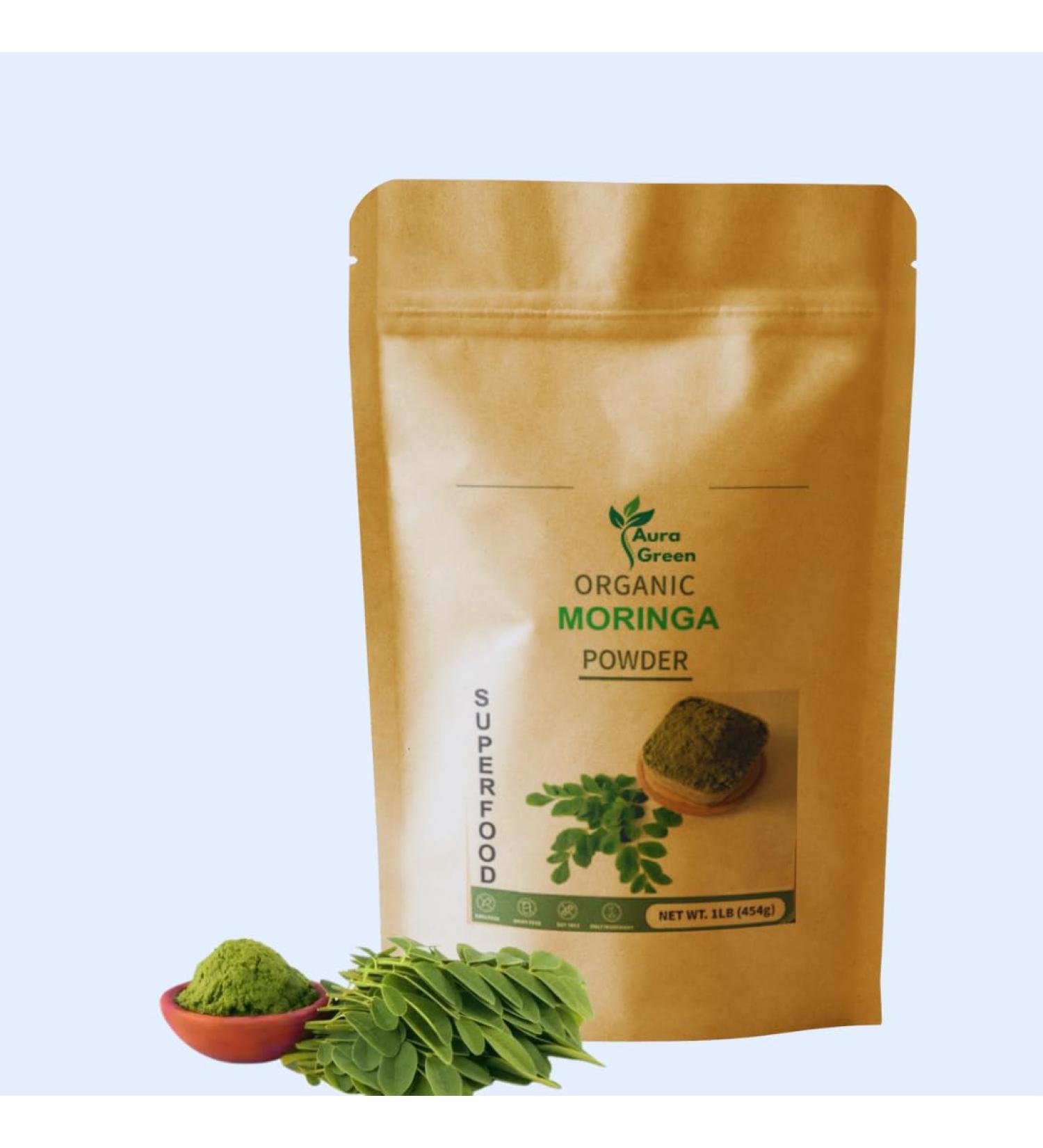 Aura Green Moringa Powder Organic 3.5oz | Non-GMO Superfood High Protein Boost Energy & Immunity Pure USDA Certified Moringa Leaf Powder - Buy Online on GoSupps.com