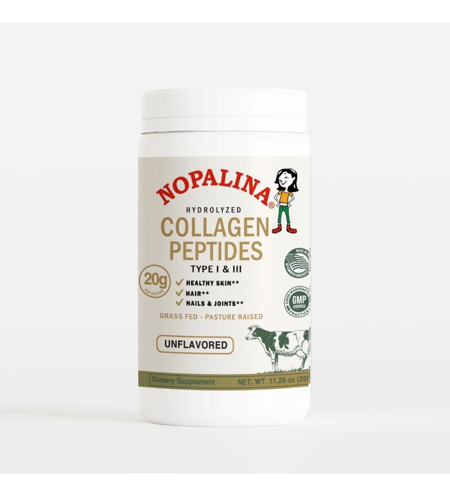 Nopalina Hydrolyzed Collagen Peptides Powder - Type I & III Grass Fed Pasture Raised Bovine Collagen - 20g Per Serving Unflavored 320g (16 Servings) - Buy Online on GoSupps.com