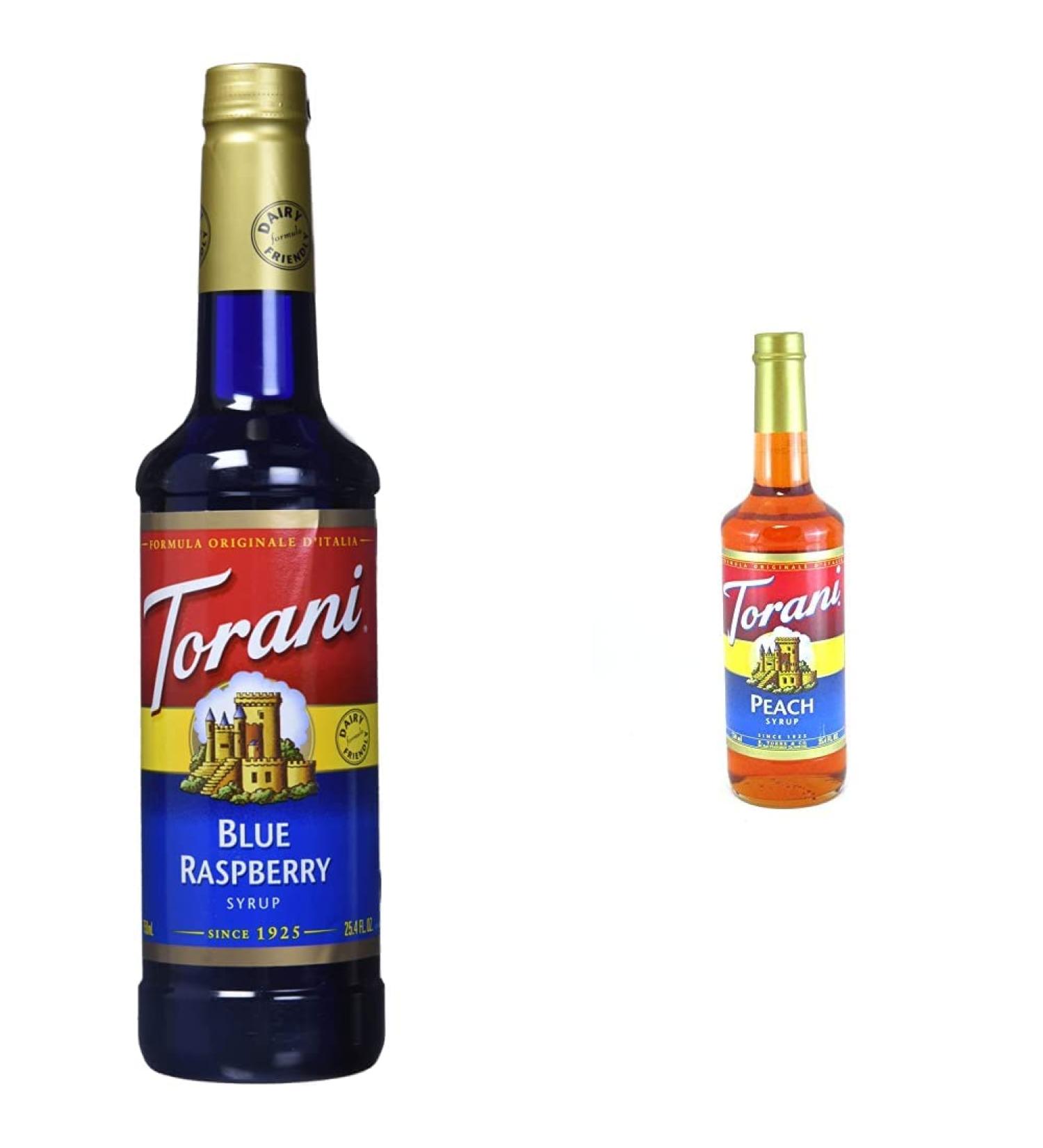 Torani Blue Raspberry Syrup Plastic Bottle 750 ml & Peach Flavor Syrup 750ml Syrup + Peach Syrup - Buy Online on GoSupps.com