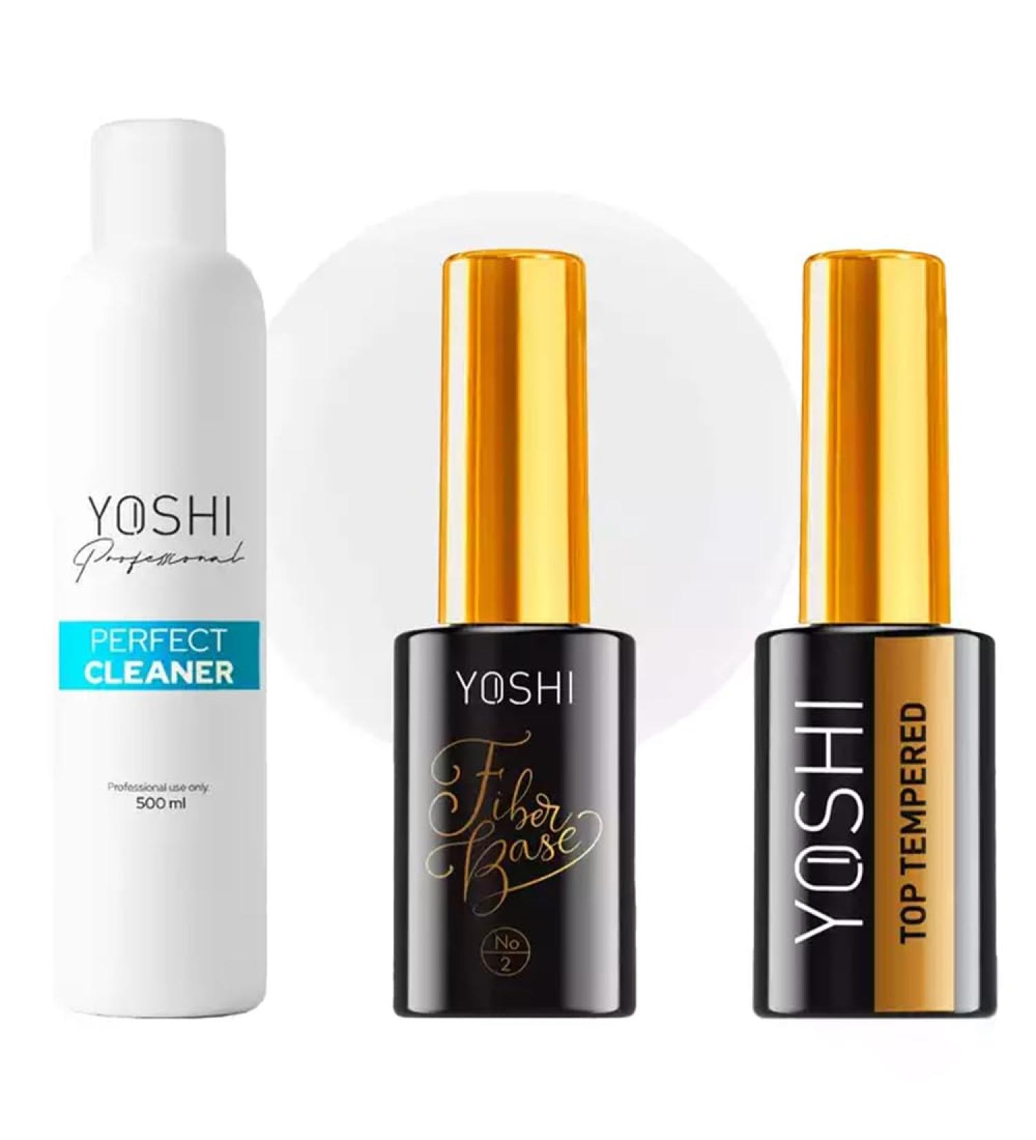 Yoshi Nail Care Set: Perfect Cleaner 500 ml Top Tempered & Fibre Base No. 2 10 ml - For Shiny and Strong Nails