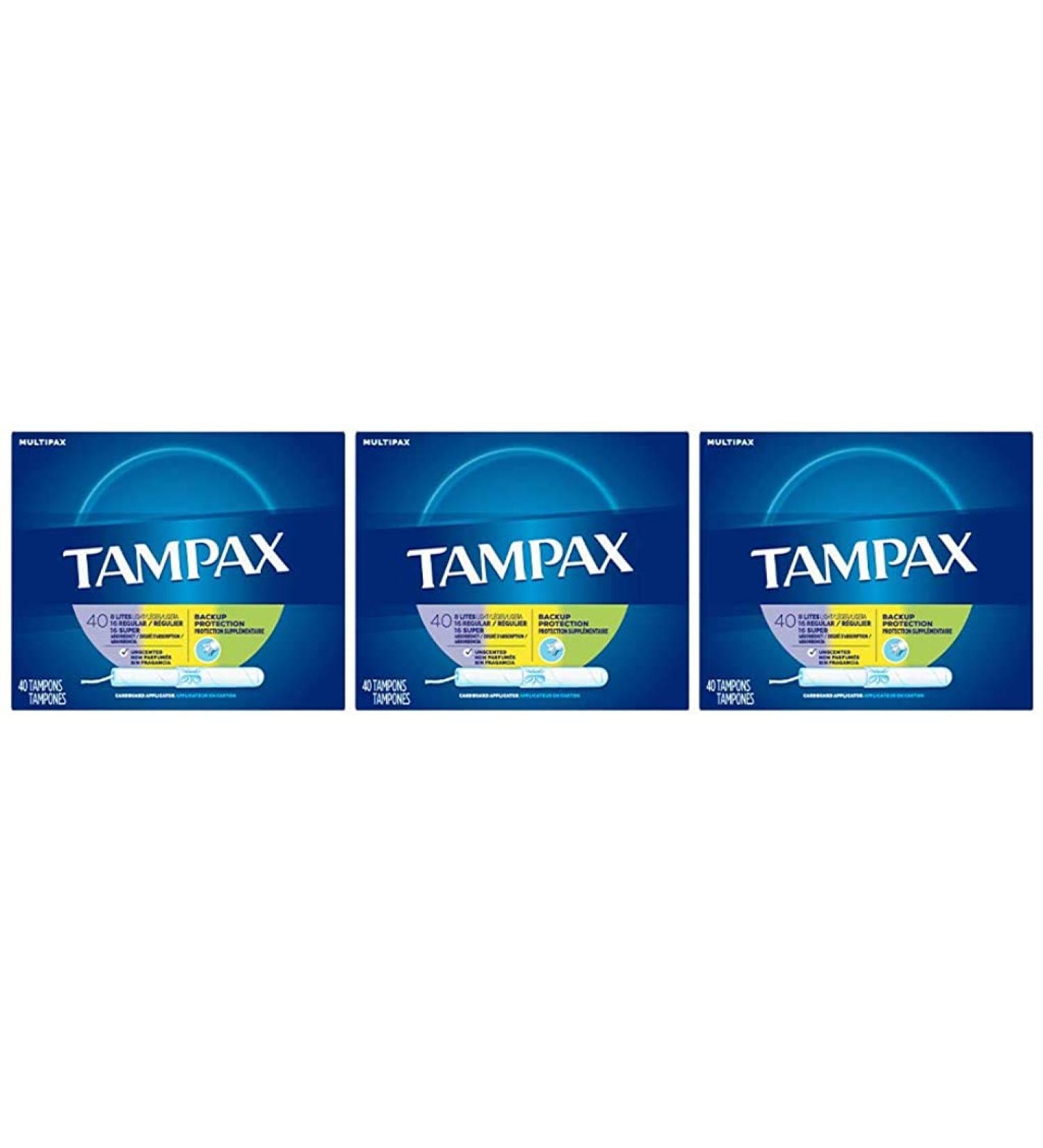 Tampax Cardboard Applicator Tampons 120 Count Multipack - Light/Regular/Super Absorbency - Unscented - Pack of 3 - Buy Online on GoSupps.com