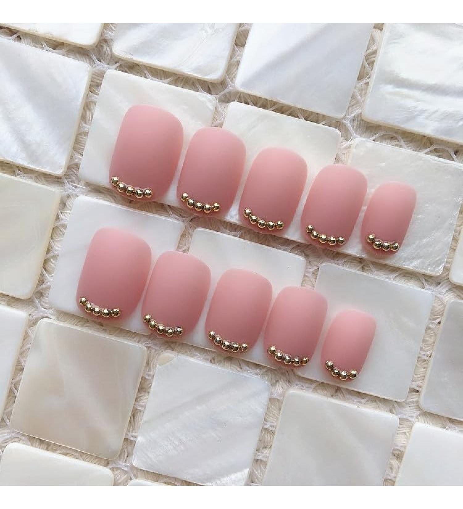 24Pcs False Nails Short Frosted Gold Beads False Nail Art Fake Nail Tips Design Press on Nails with Double-Sided Adhesive for Women Girls - Buy Online on GoSupps.com