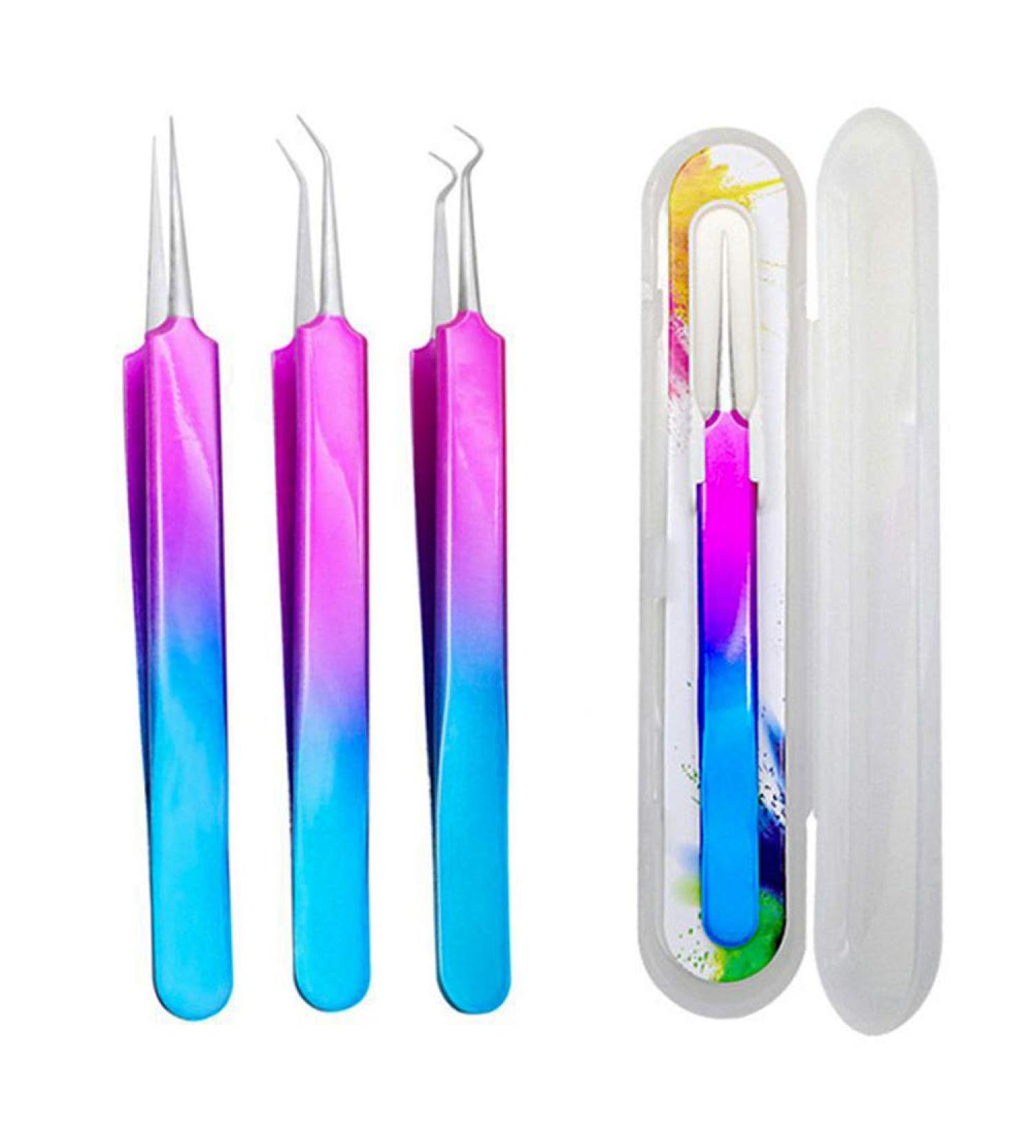 EORTA Set of 3 Stainless Steel Curved Tweezers Blackhead/Whitehead/Acne Needle Pimple Acne Removal Tools Face Cell Clip Cleaner with Plastic Storage Box for Face Skincare Rainbow - Buy Online on GoSupps.com