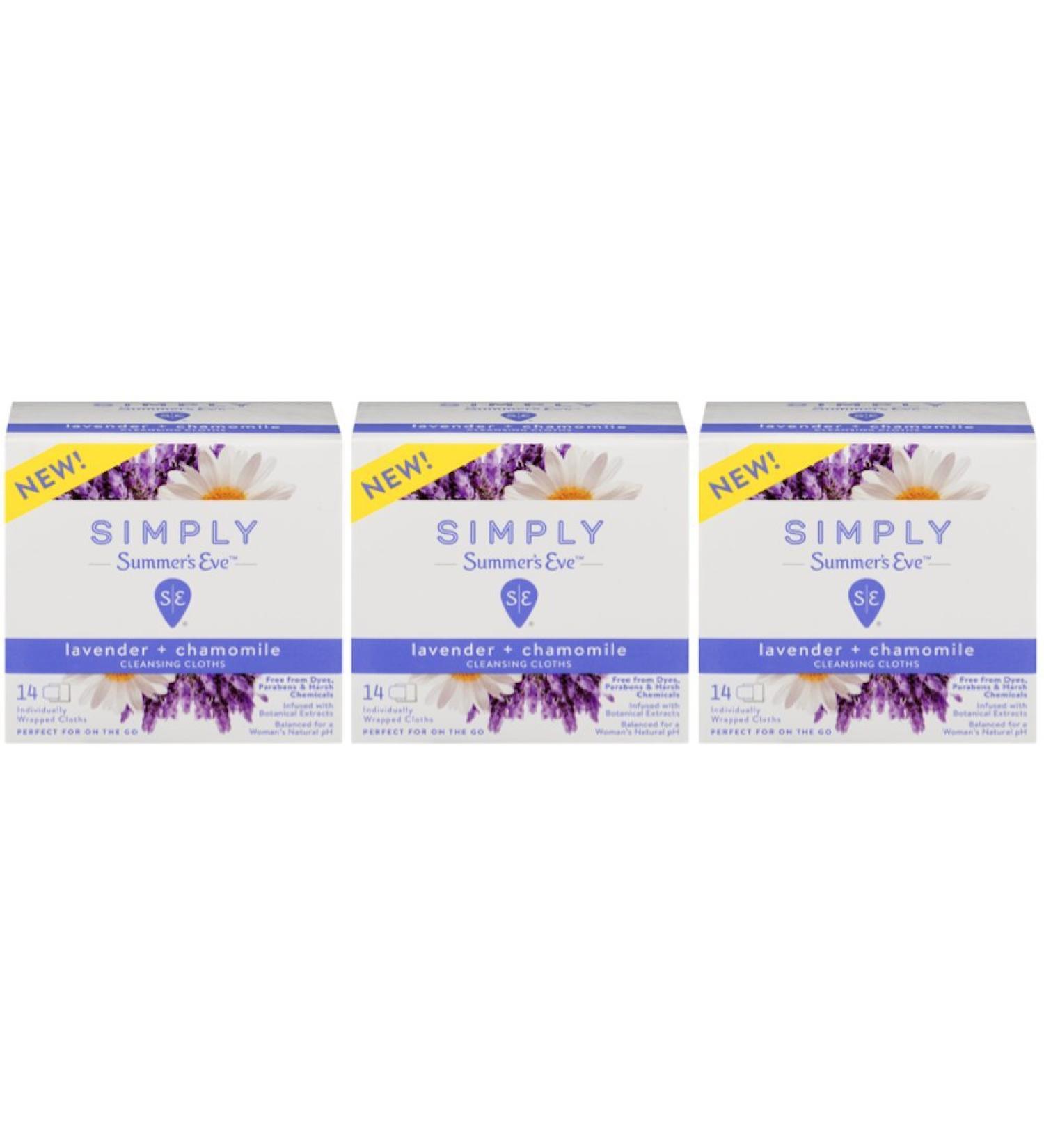 Summer's Eve Simply Cloths 14 Pack: pH Balanced, Chemical-Free, White Lavender and Chamomile, 3 Count cloths (Pack of 3) - Buy Online on GoSupps.com