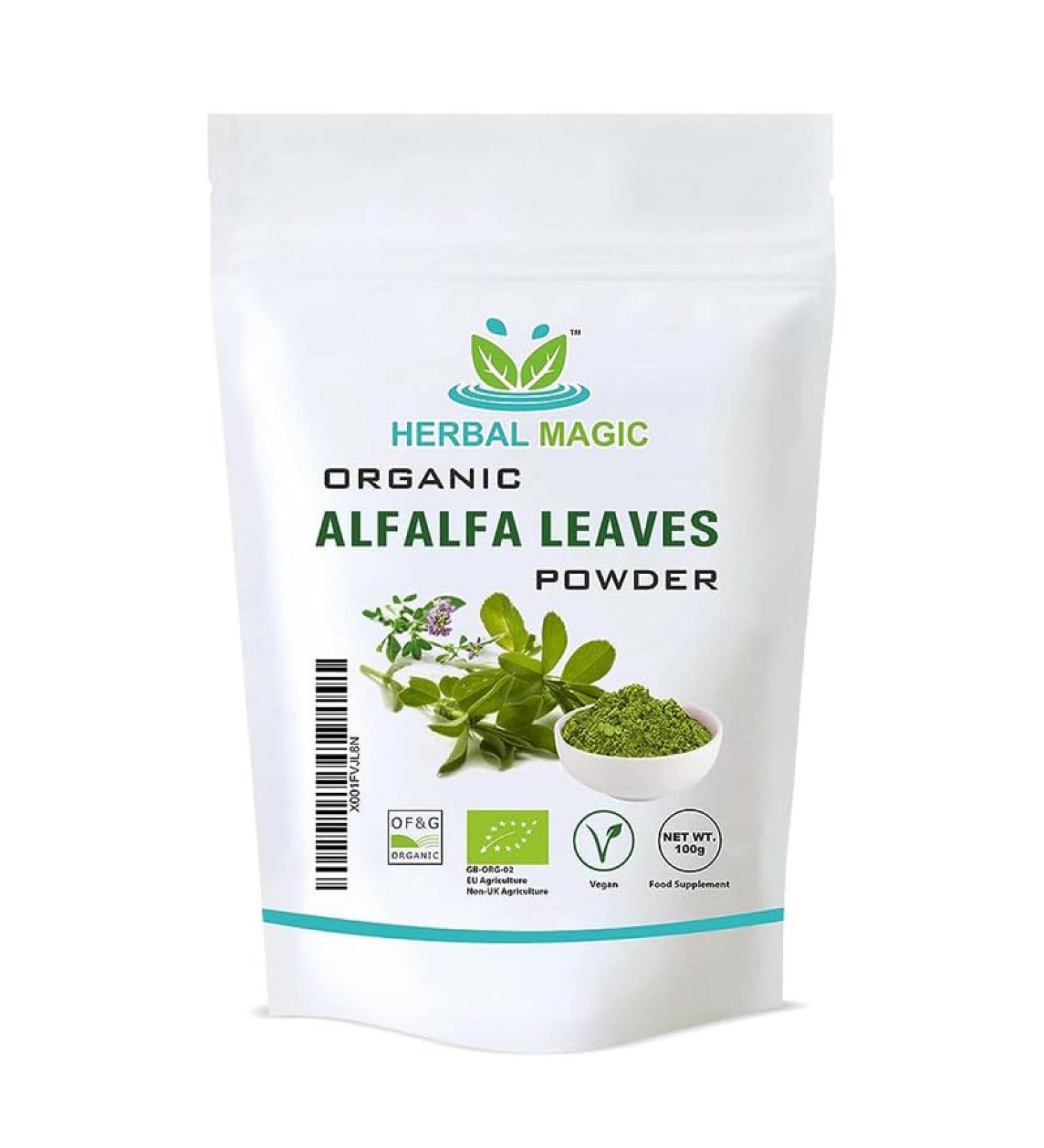 Organic Alfalfa Leaf Powder - Green Superfood for Smoothies, Soups & Baking | 100g - Free from Fillers & Preservatives | Certified by Soil Association - Pack of 1 - Buy Online on GoSupps.com