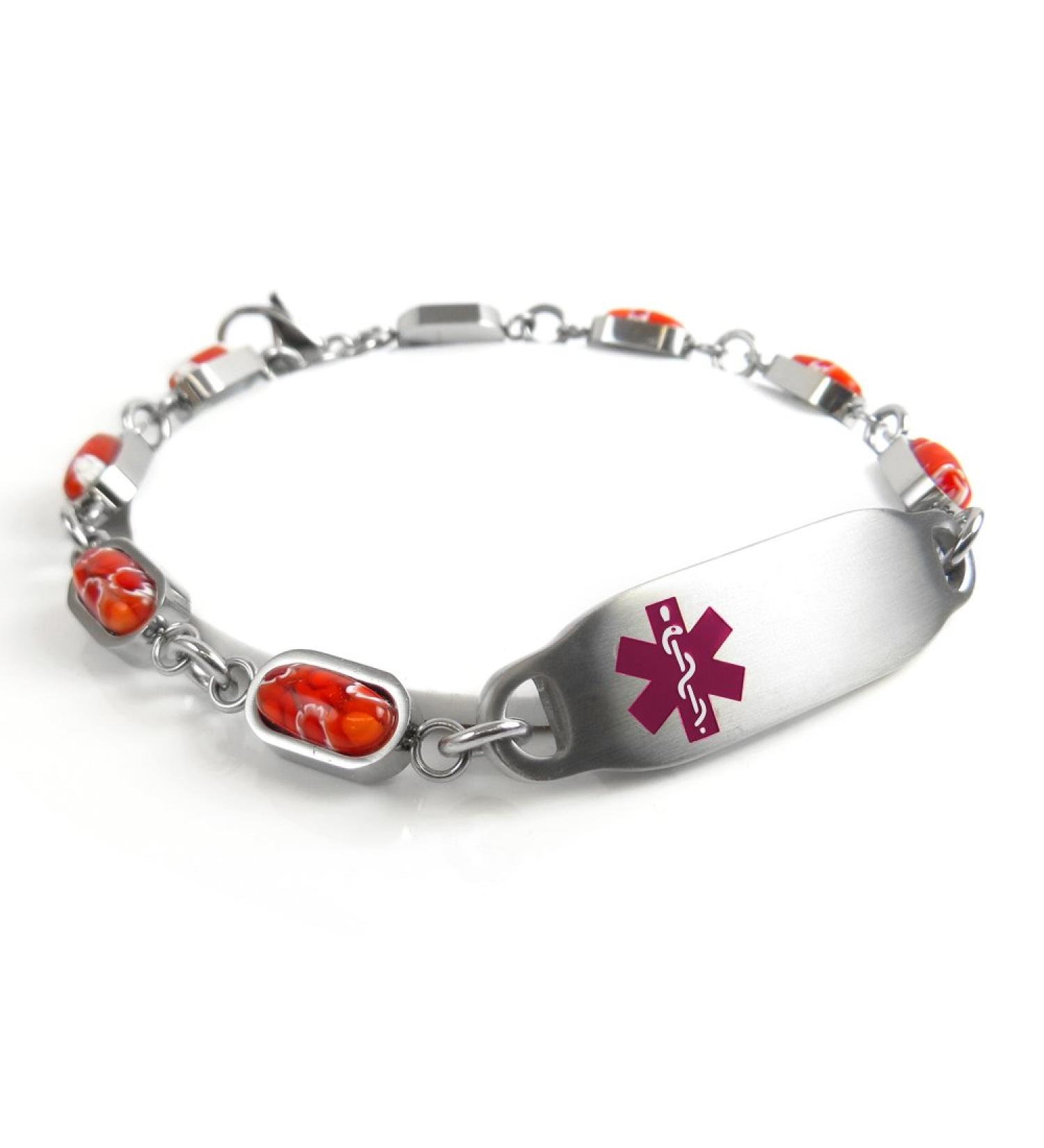 Customized Pre-Engraved Pacemaker ID Bracelet - Red Millefiori Glass & Purple - International Shipping Available - Buy Online on GoSupps.com