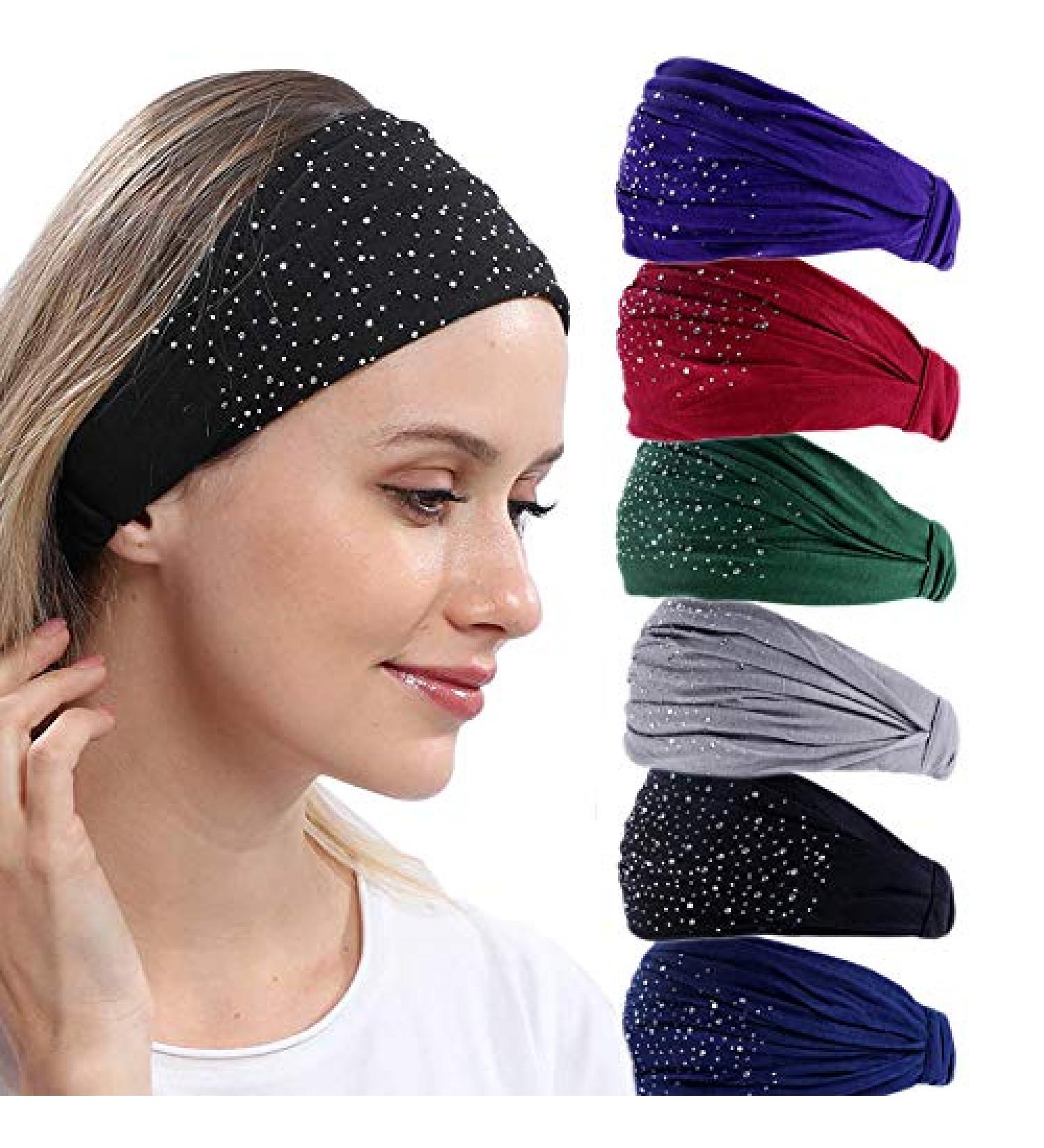 DINPREY Rhinestone Bandeau Headbands - Set of 6 Wide Sport Headbands for Women - Yoga, Workout, Makeup - Stretchy & Stylish Hair Accessories - Buy Online on GoSupps.com