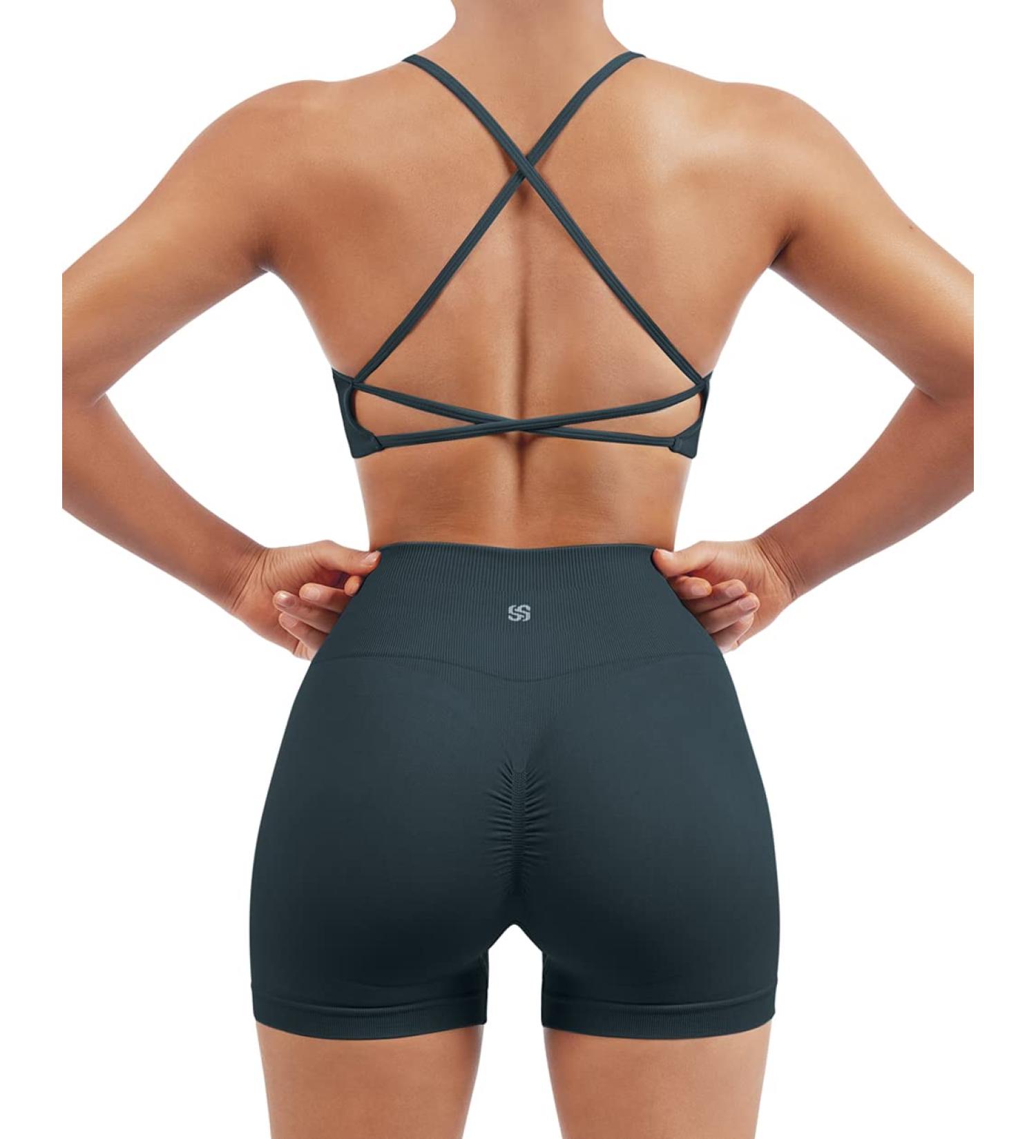 SUUKSESS Women Seamless Workout Set | High Waist Booty Shorts & Strappy Sports Bra | Deep Green | Size 2-4 - Buy Online on GoSupps.com