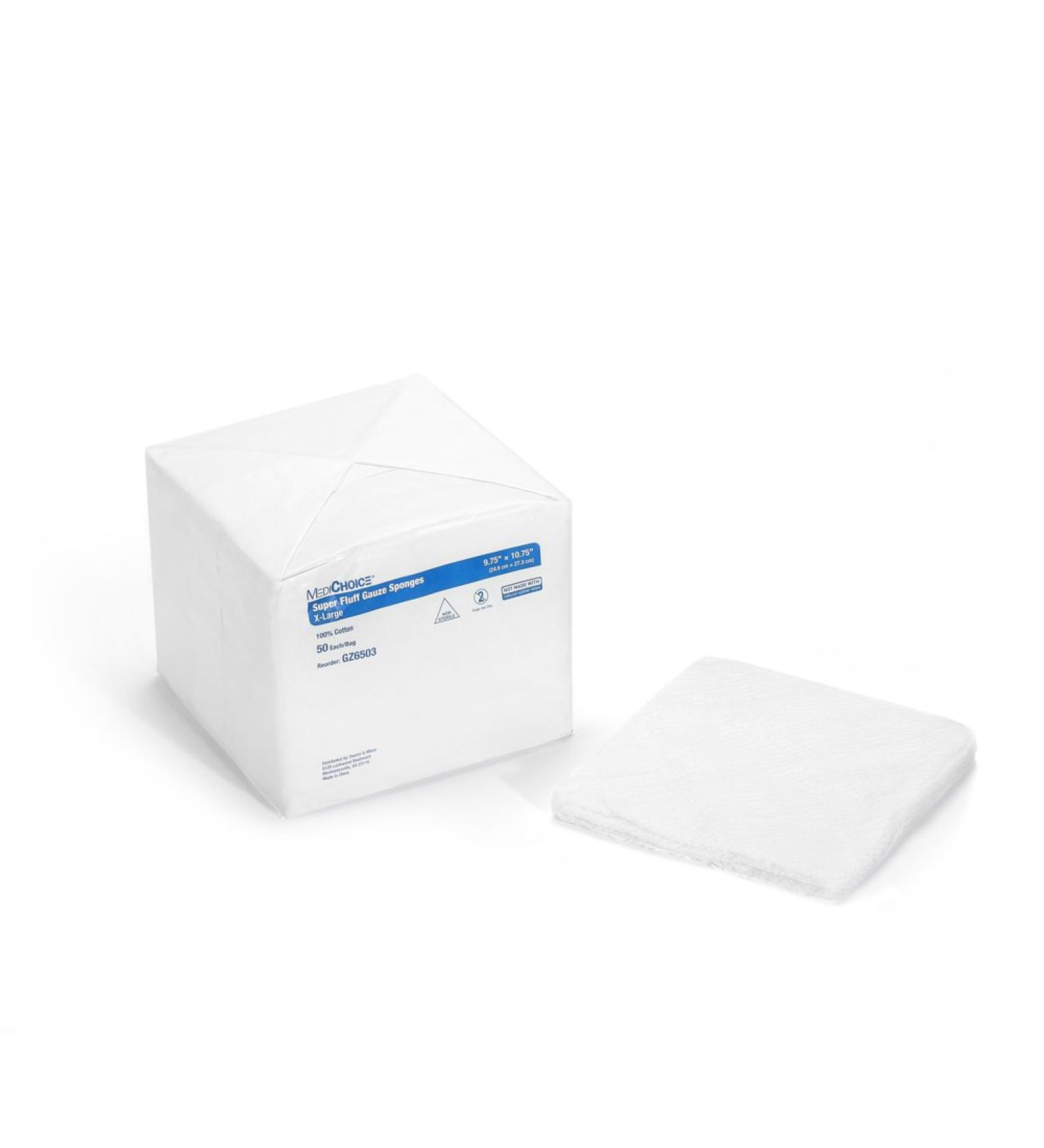 MediChoice Super Fluff Gauze Sponge - Non-Sterile 9.75x10.75 Inch | White | Pack of 50 - International Shipping Available - Buy Online on GoSupps.com