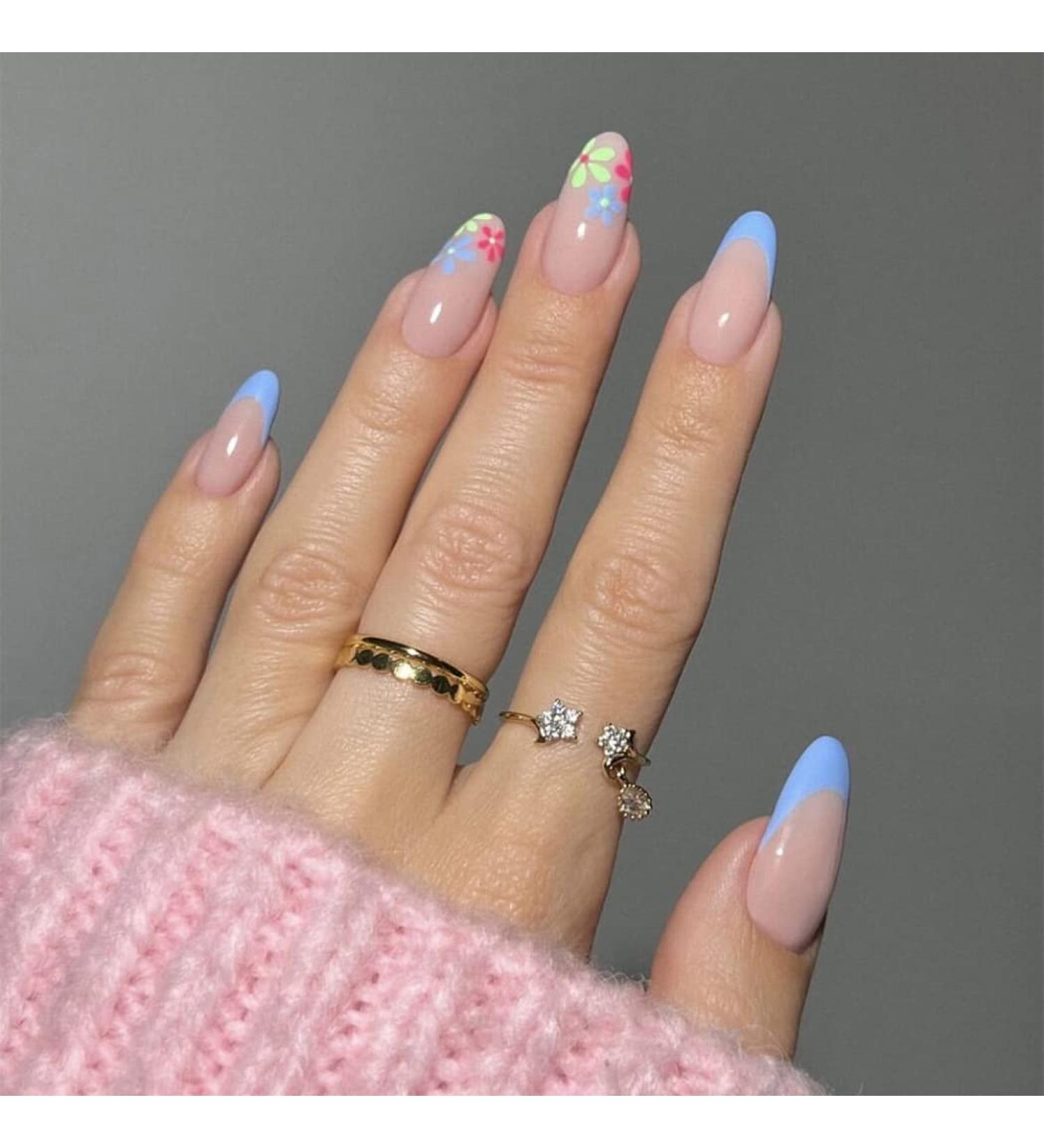 Sethexy Flower Almond False Nails - 24pcs Blue Flower Spring French Press-On Nails for Women & Girls - Acrylic Art - Buy Online on GoSupps.com