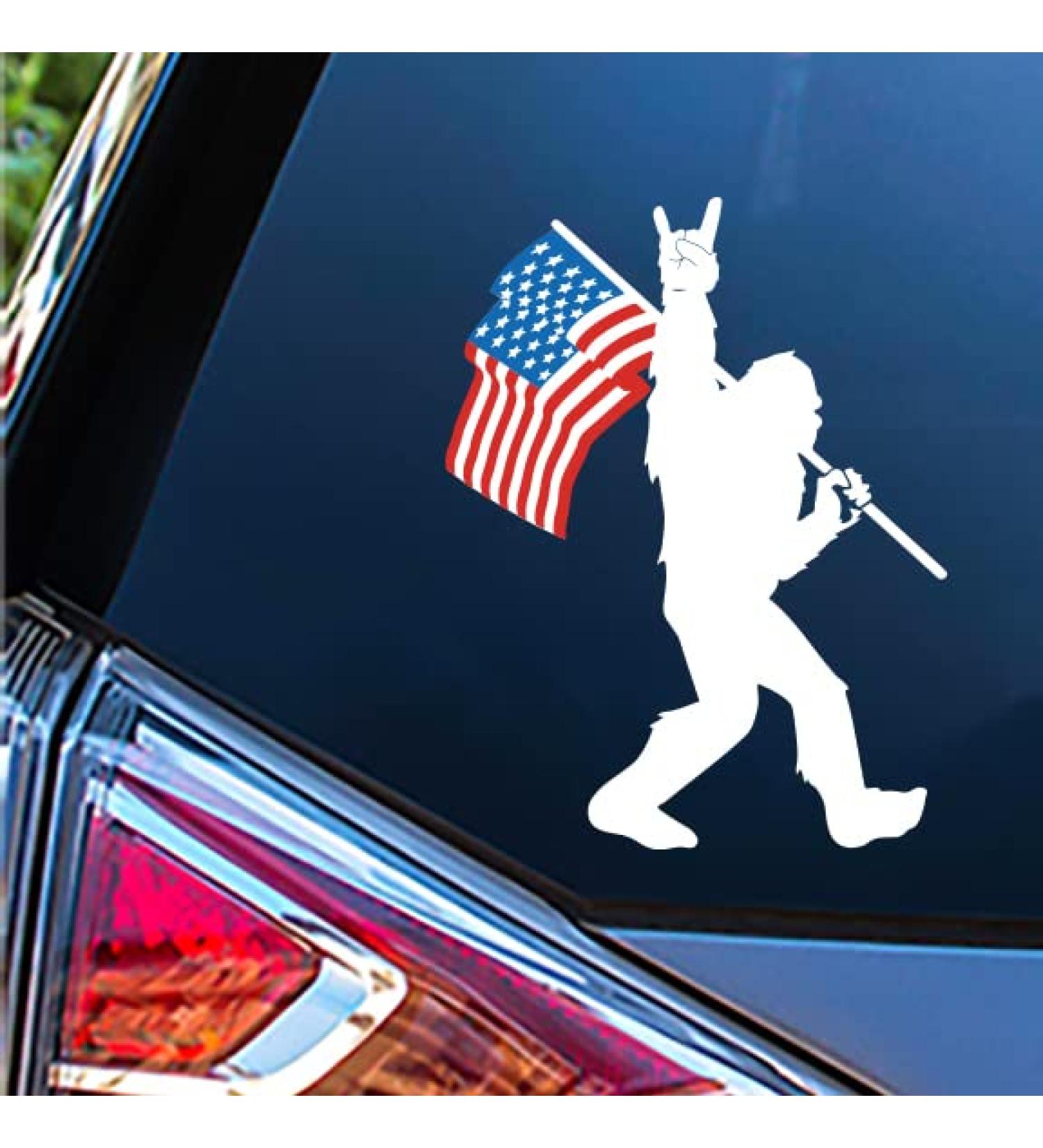 Sasquatch Bigfoot Rock On American Flag Vinyl Decal Sticker - 5-inch Premium Quality for Car, Truck, Window, Wall, Boat and More - Buy Online on GoSupps.com