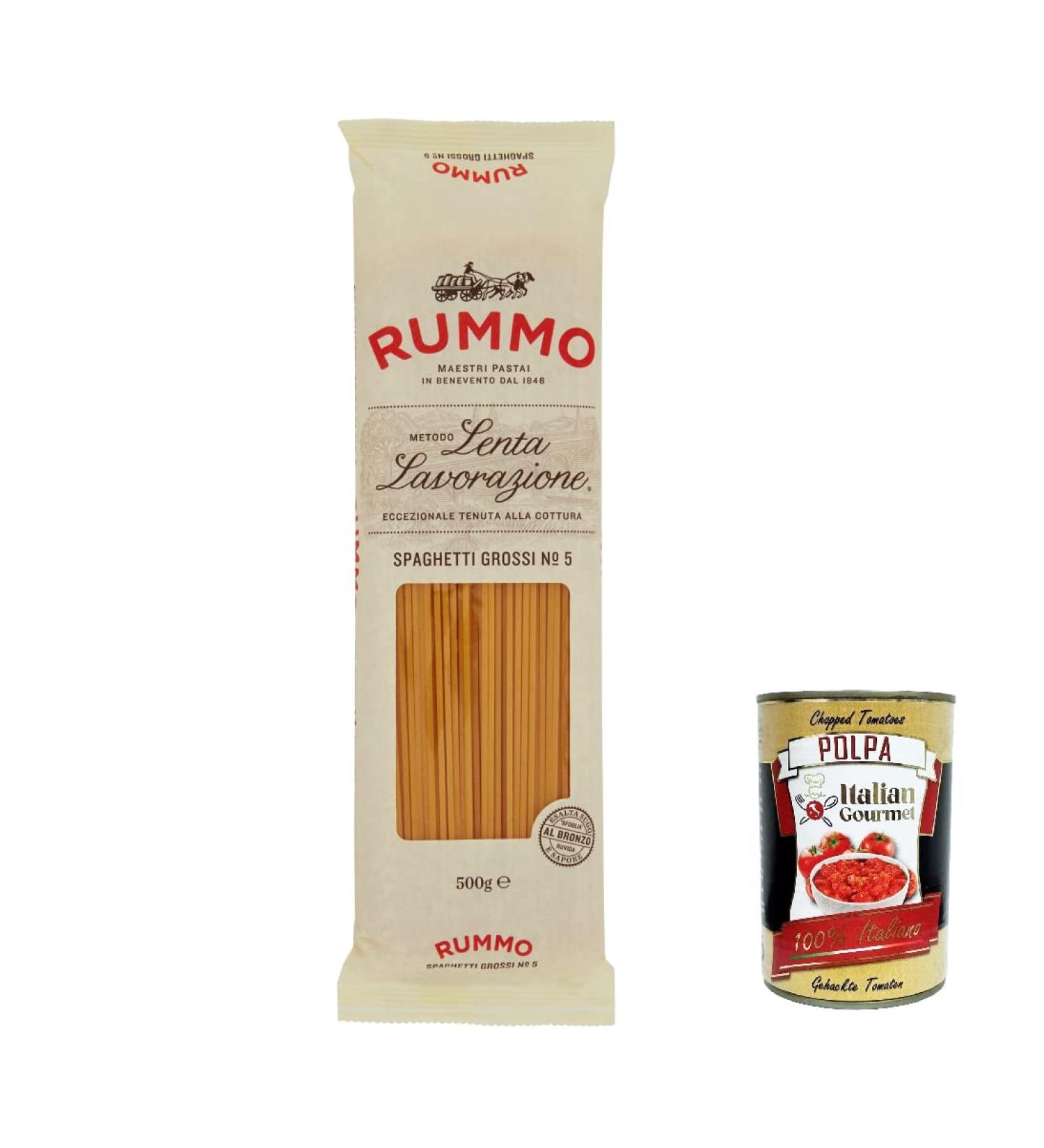  Italian Gourmet E.R. Rummo Spaghetti Grossi No. 5 Hard Wheat Semolina Pasta 500g + Italian Tin Gourmet Tomato Pulp 400g - Buy Online on GoSupps.com