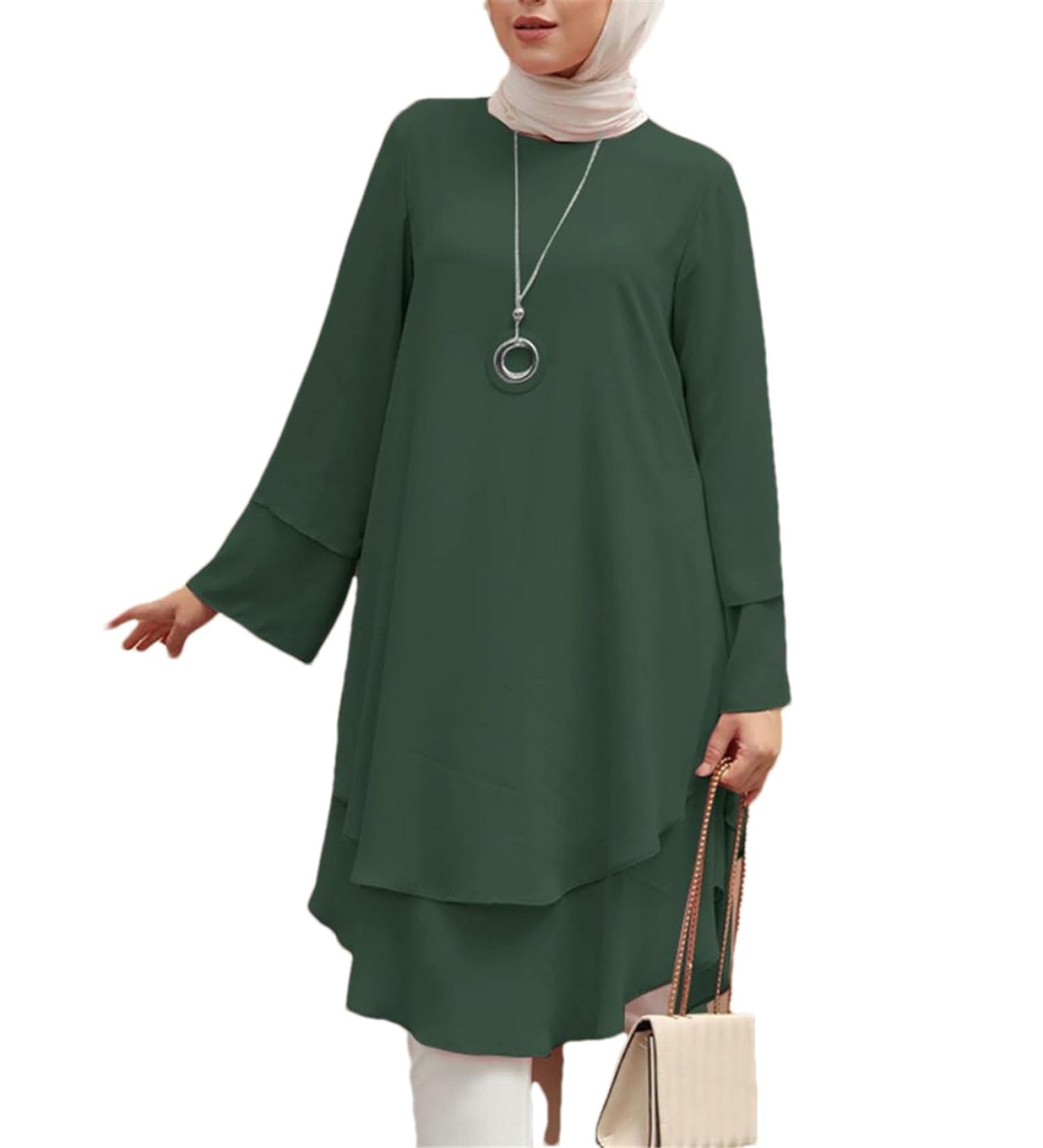 Elegant Muslim Women Blouse - Round Neck Solid Color Double Layer Abaya | Holiday Party Top | Plus Size XXL Dark Green - Buy Online on GoSupps.com