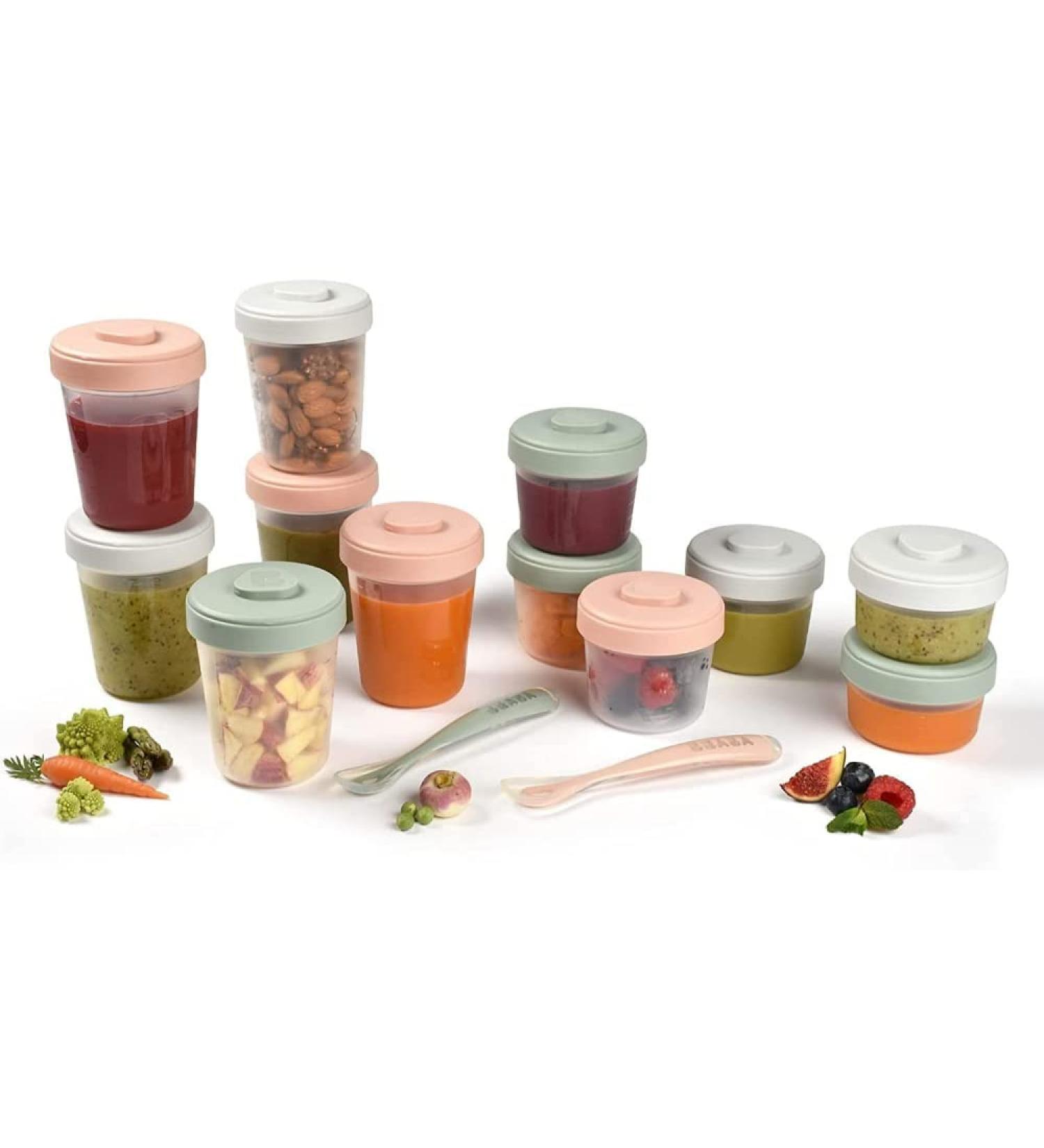 Beaba 12 Storage Pots & 2 Silicone Spoons Set Eucalyptus 100% Airtight | Interlocking Stackable | Freezable | Breast Milk | 2x90ml +4x150ml +6x250ml - Buy Online on GoSupps.com