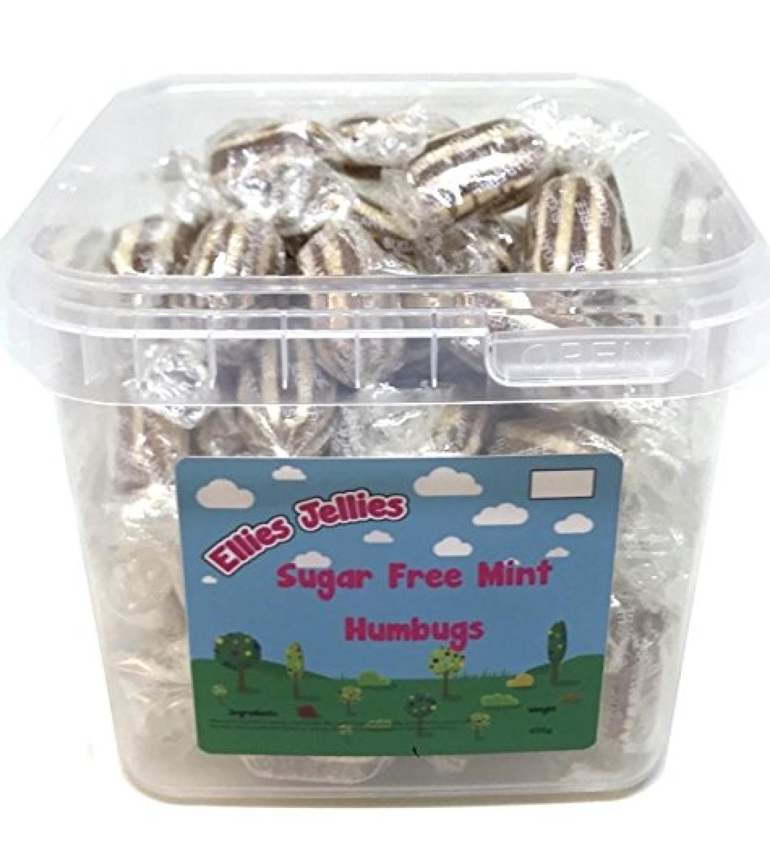 Ellies Jellies Sugar Free Mint Humbugs- 498g Square Tub-Tamper Proof- Diabetic Mint- Striped Mint- Brown and White Stripes