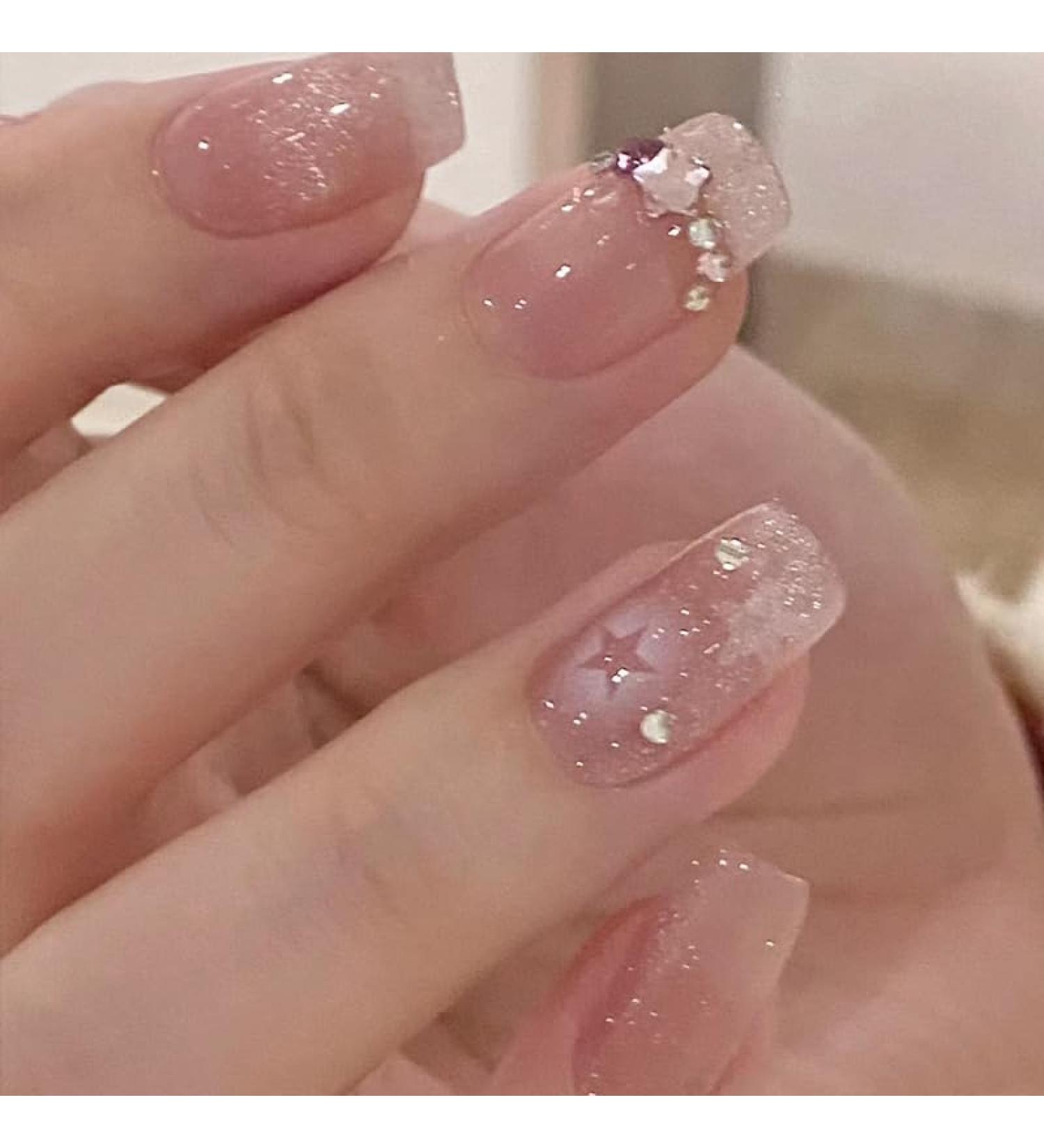 24Pcs/Set Press On Nails Medium Length Pink Star Diamond Chain False Nails Acrylic Fake Nails Full Cover Nails Tips Artificial Finger Manicure Press on nails for Women and Girls - Buy Online on GoSupps.com