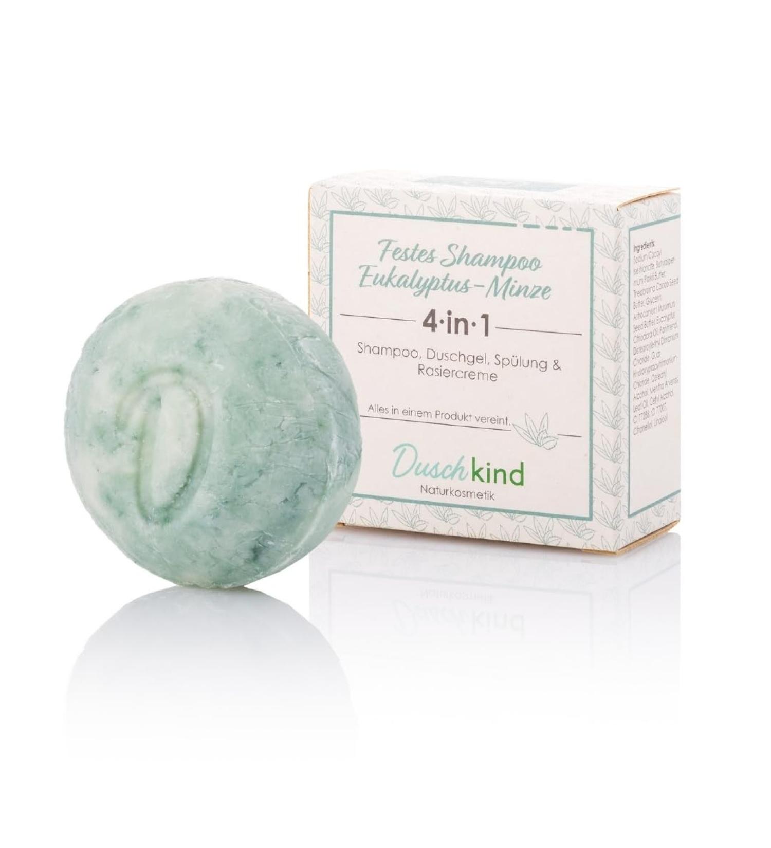  Duschkind Naturkosmetik Solid Shampoo Eucalyptus Mint - Natural fragrance - Can be used as shampoo shower gel conditioner and shaving cream - Vegan formula - Recyclable packaging - Buy Online on GoSupps.com