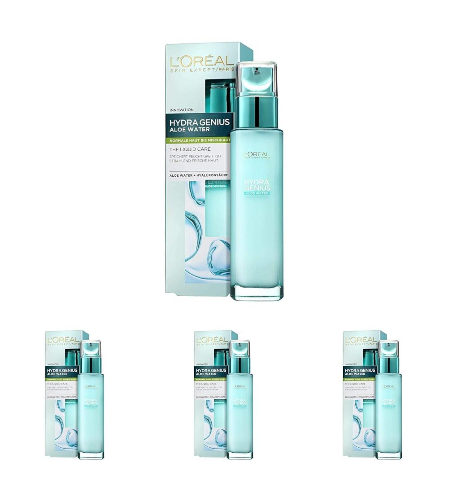 L'Or al paris moisture fluid hydra genius aloe water hydration and freshness for normal skin up to combination skin with aloe water and hyaluronic acid 70ml (pack with 4) 140 ml (4 -pack) normal skin up to combination