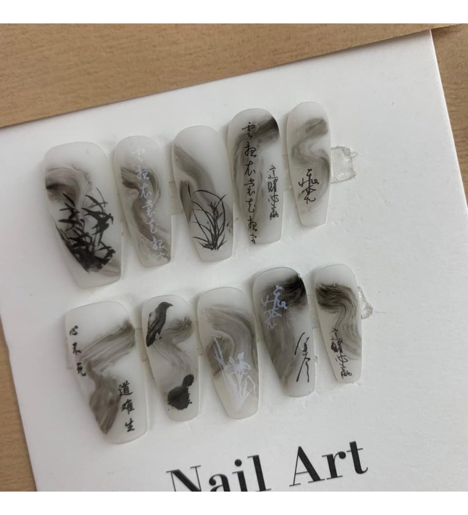Chinese Style Wearing Chinese Fashion Ancient Ink Painting Orchid Scroll Handmade Nail Enhancement Patch 10PCS (Size : S)