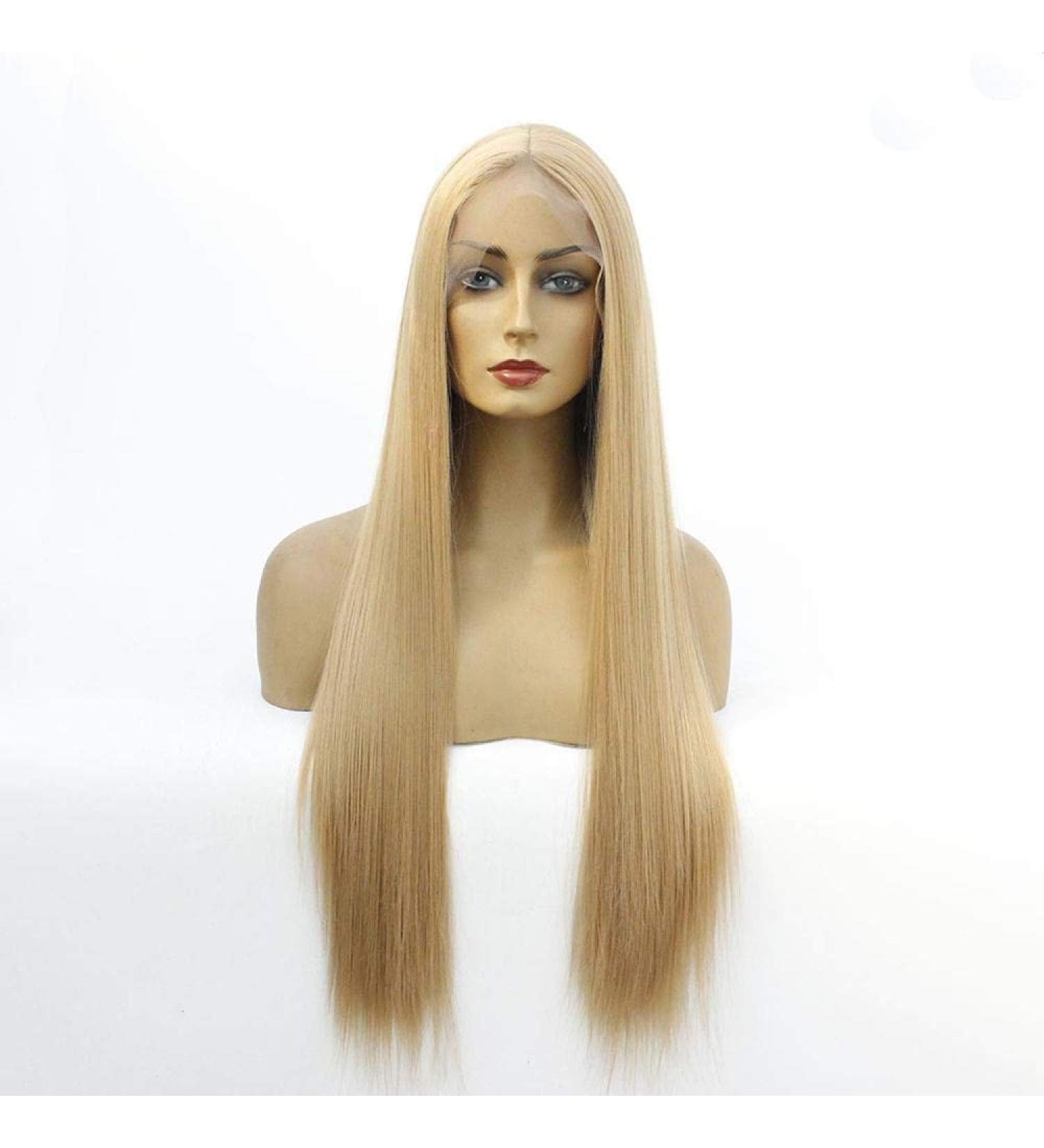 Silky Long Straight Lace Front Wig - Natural Gold Heat Resistant Fiber for Ladies | 14in Halloween Party Hairpiece - Buy Online on GoSupps.com