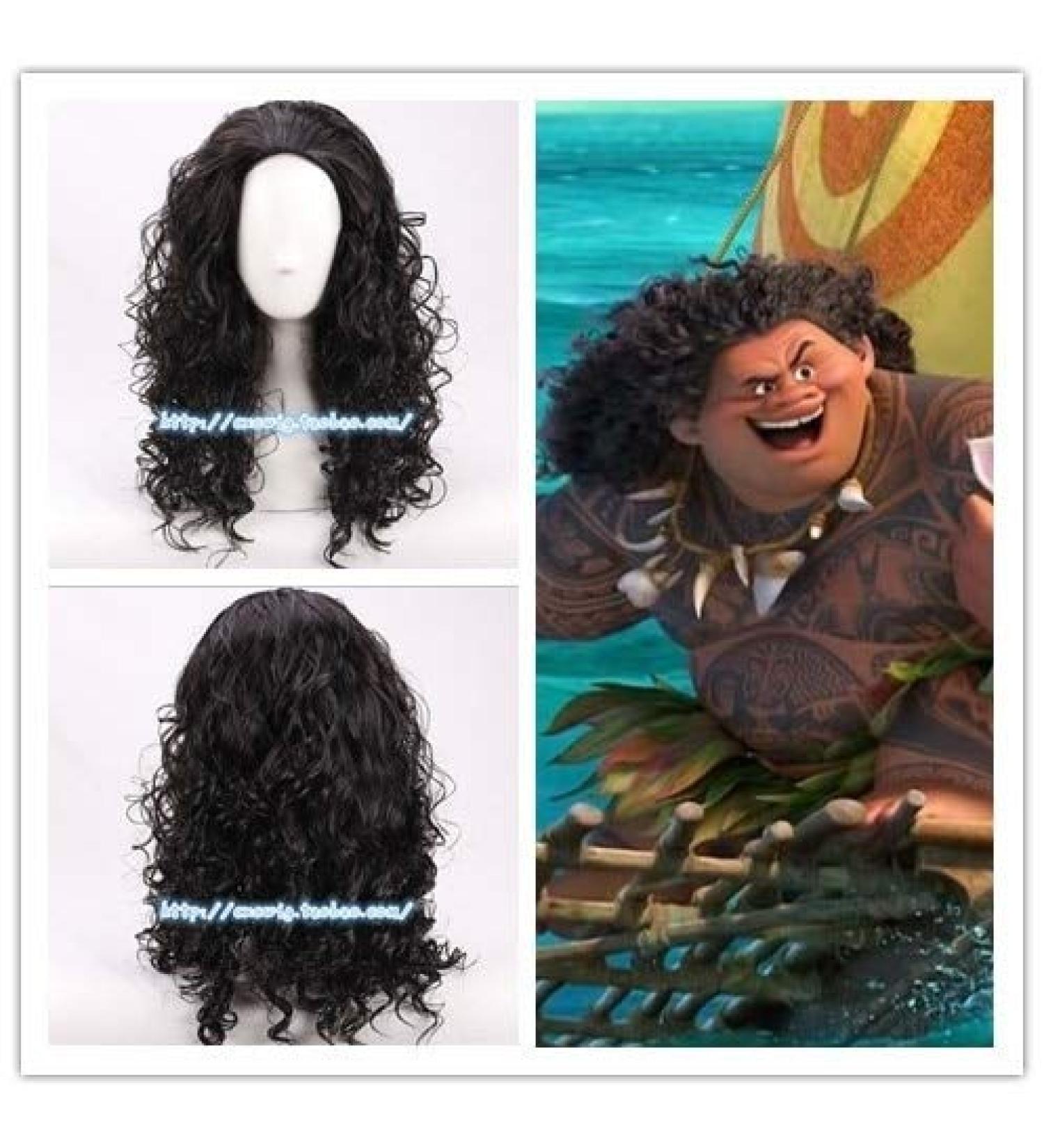 Halloween Men's Moana Maui Black Fluffy Curly Wig | Cosplay Long Hair with Hair Net - Buy Online on GoSupps.com