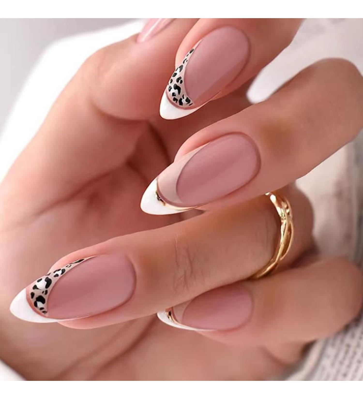 Justotry 24-Piece Leopard Almond Press-On Nails - Short White French & Nude Stiletto Artificial Acrylic Fingernails for Women - Buy Online on GoSupps.com