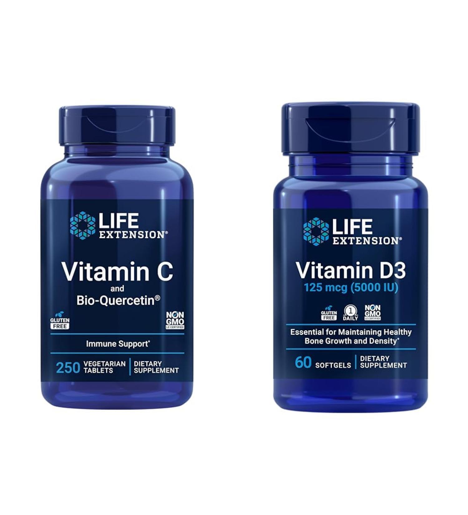 Life Extension Vitamin C & Quercetin Plus Vitamin D3 5000 IU - 250 Tablets Vitamin C Immune Support Plus 60 Vitamin D3 Softgels for Bone Brain & Immune Health - Buy Online on GoSupps.com