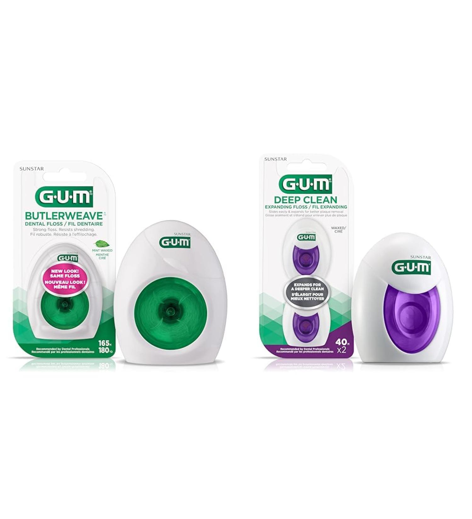 GUM ButlerWeave Dental Floss Mint Waxed 165M | GUM Deep Clean Expanding Dental Floss 2x40M 1 Count (Pack of 1) Mint Waxed + Expanding Dental Floss - Buy Online on GoSupps.com