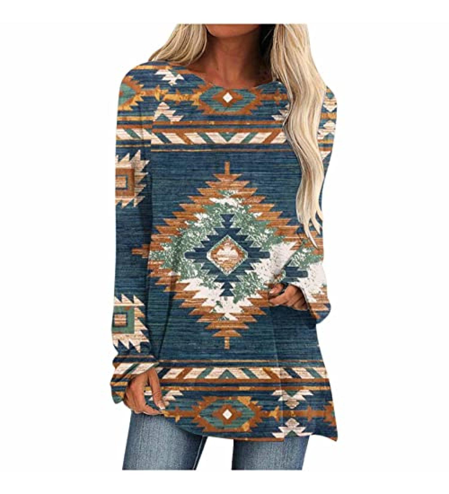 Women's Boho Mexican Tunic Top | Aztec Western Style Shirt in Blue | Long Sleeve Round Neck Tee Blouse | Size Large - Buy Online on GoSupps.com