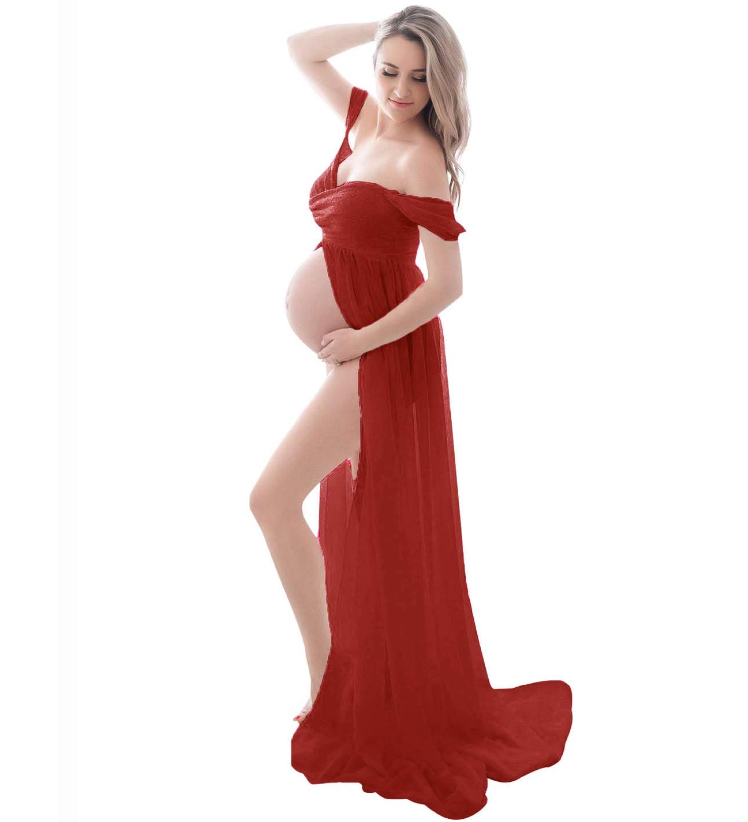 FEOYA Maxi Maternity Dress Chiffon Lace Strapless Gown | Red | Split Front | Photography | Full Length - Buy Online on GoSupps.com
