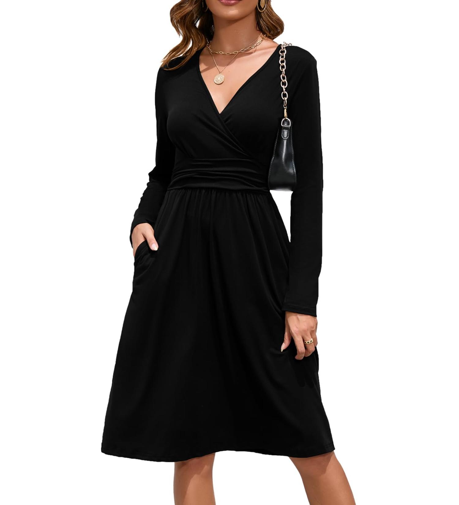 OUGES Women's Spring Casual Midi Dress - Long Sleeve V-Neck Floral Wrap Dress with Pockets - Buy Online on GoSupps.com
