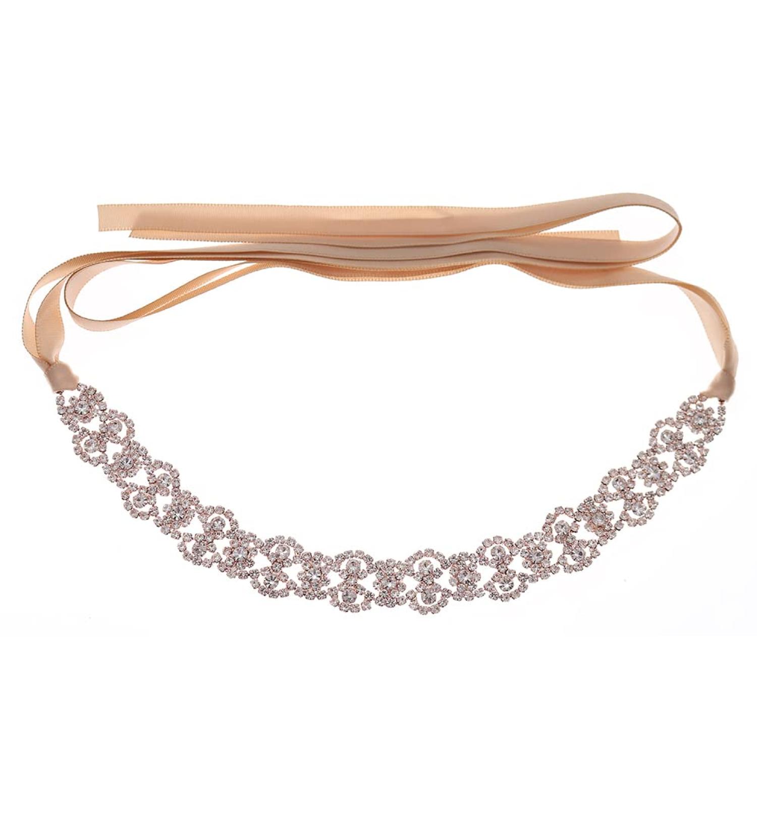 Rose Gold Crystal Wedding Headband - Bridal Hairpiece for Bride & Bridesmaid | Hair Vine with Champagne Ribbon - Buy Online on GoSupps.com