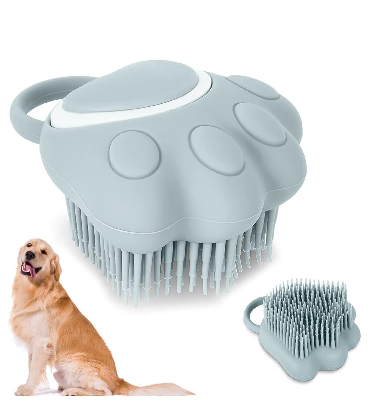 Fiotha 2-in-1 Silicone Pet Bathing Brush - Dog & Cat Shower Massage Brush with Refillable Shower Gel - Blue - Buy Online on GoSupps.com