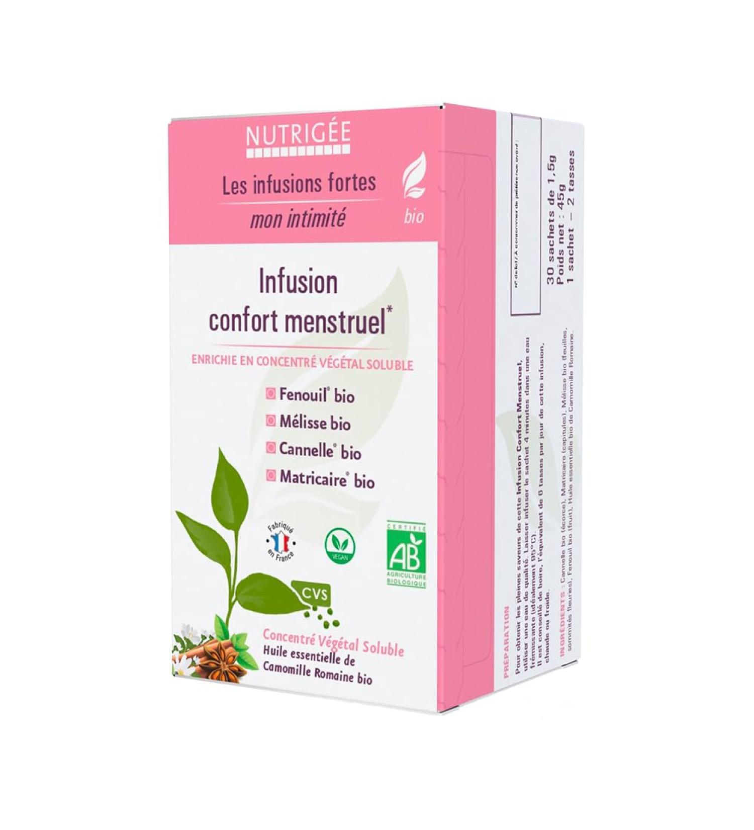 Infusion confort menstruel bio | soulage r gles douloureuses et SPM | camomille fenouil m lisse matricaire | apaisement naturel du cycle f minin | 30 sachets | fabriqu en France l NUTRIG E - Buy Online on GoSupps.com
