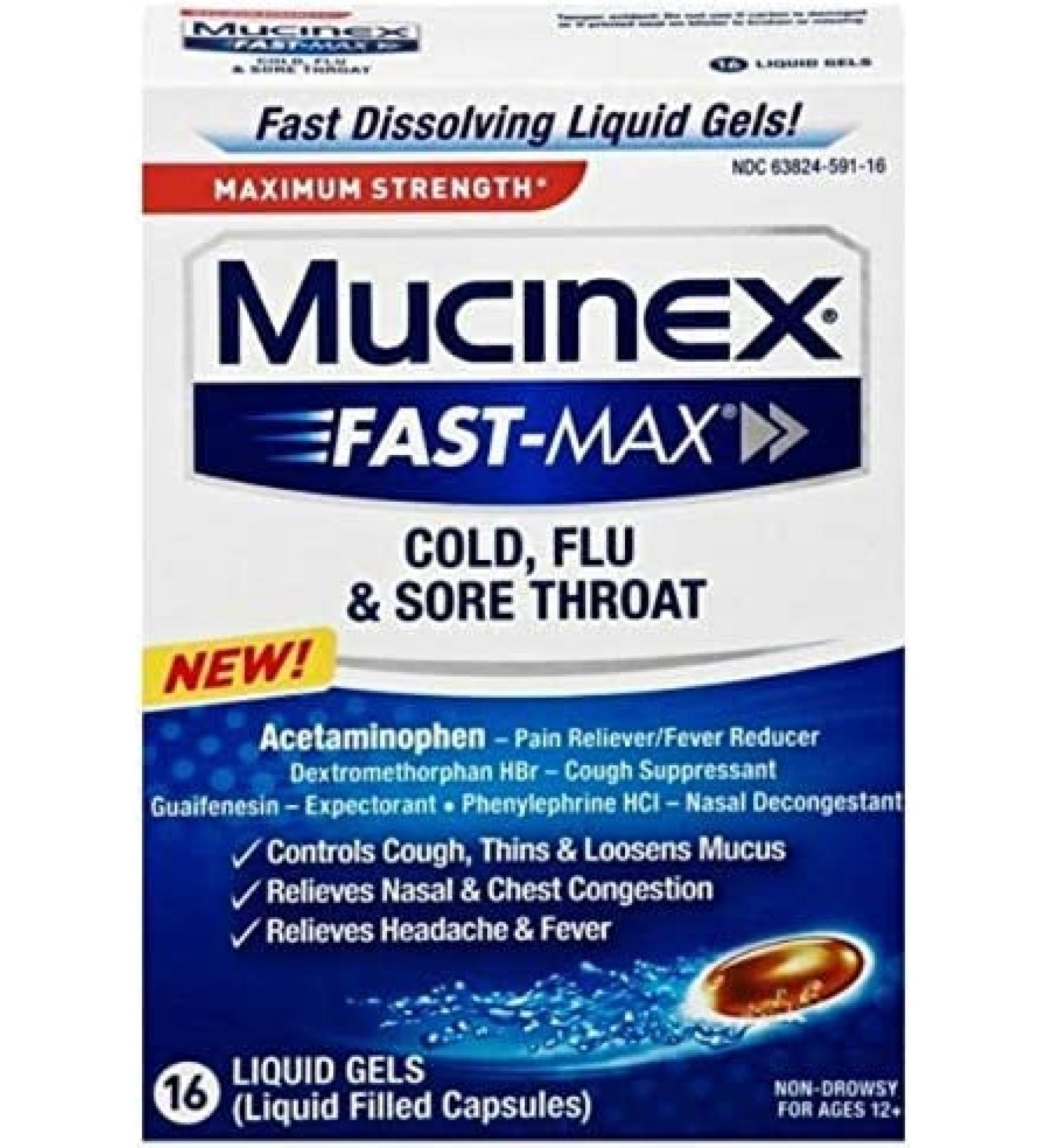 Mucinex Fast-Max Max Strength Cold Flu Sore Throat 16 Liquid Gels - Pack of 2 - Buy Online on GoSupps.com