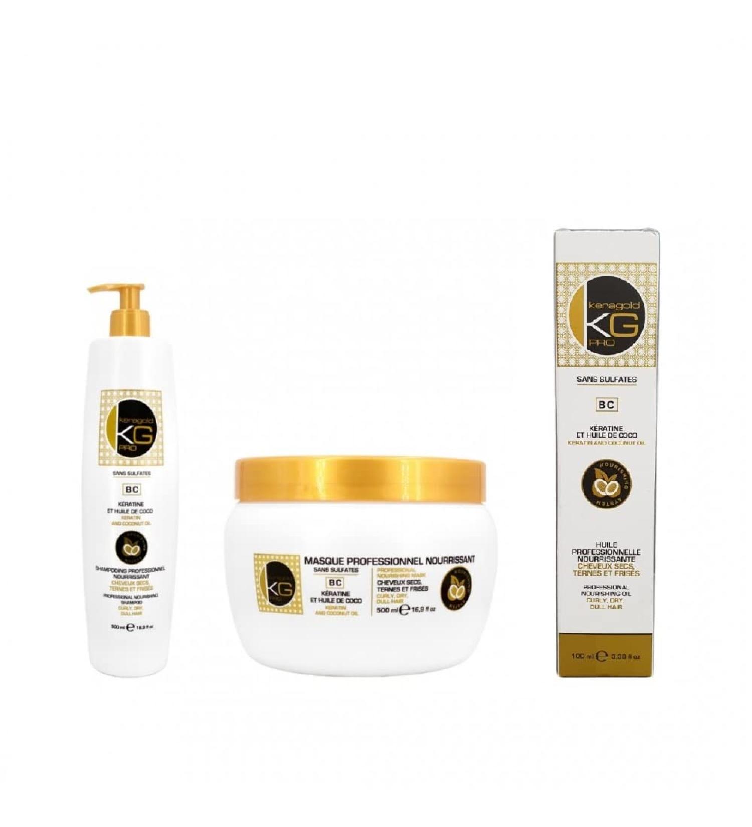 KERAGOLD PRO - Sulfate-Free Hair Care Trio Pack: Shampoo 500ml + Mask 500ml + Serum 100ml - Keratin & Coconut Oil