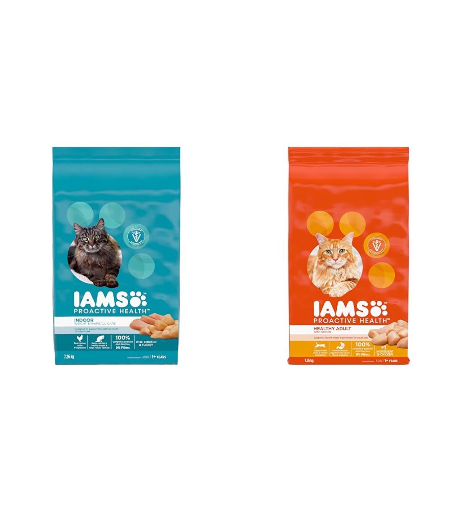 IAMS Proactive Health Dry Cat Food Adult - Indoor Weight & Hairball Care - Chicken & Turkey 7.26kg Bag & Proactive Health Healthy Adult Dry Cat Food with Chicken 7.26kg Bag 7.26 kg (Pack of 1) Dry Cat Food + PET_FOOD - Buy Online on GoSupps.com
