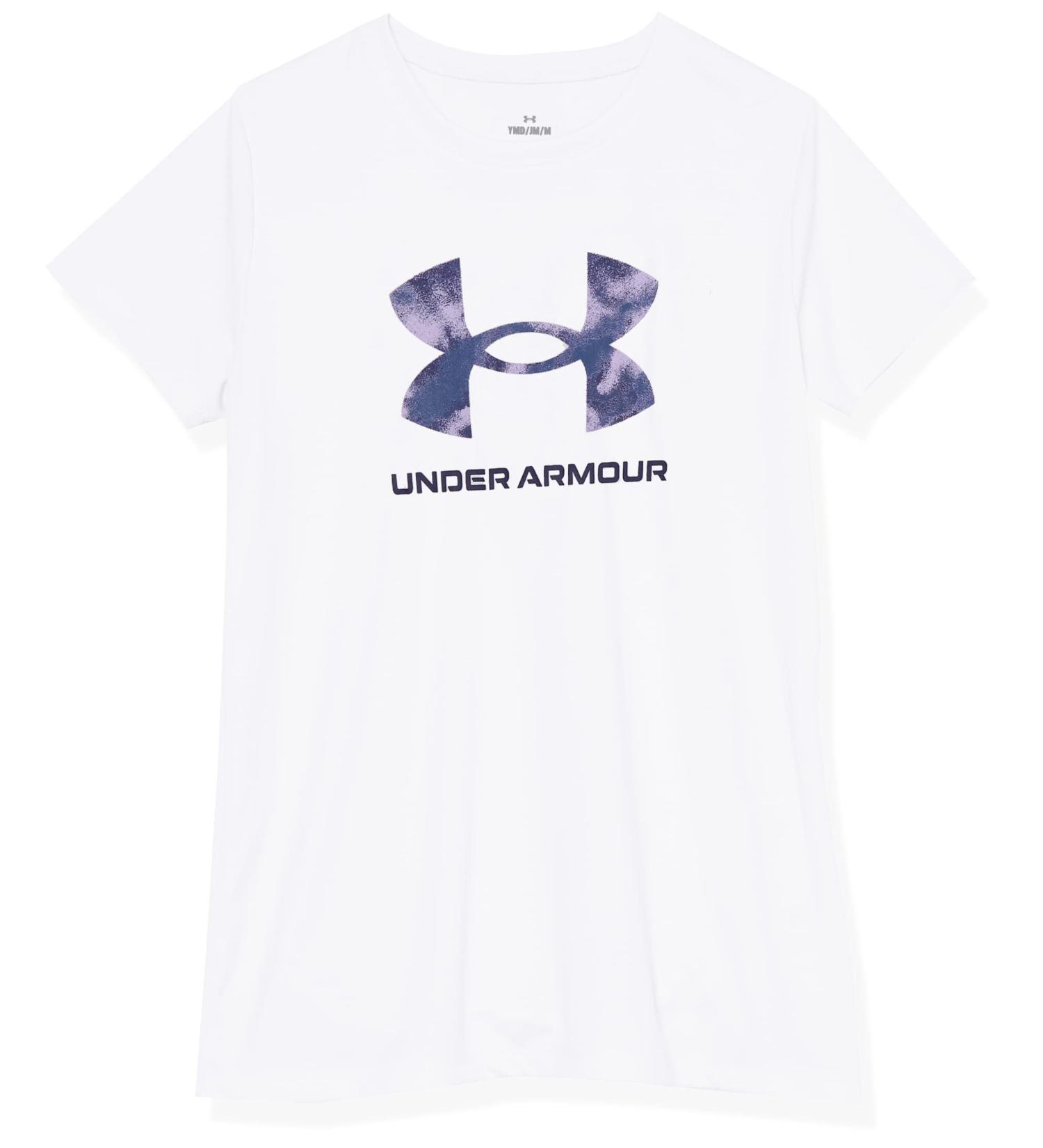 Under Armour Girls' Tech Print Big Logo Short Sleeve Crew - White/Nebula Purple/Sonar Blue (Size Small) - Buy Online on GoSupps.com