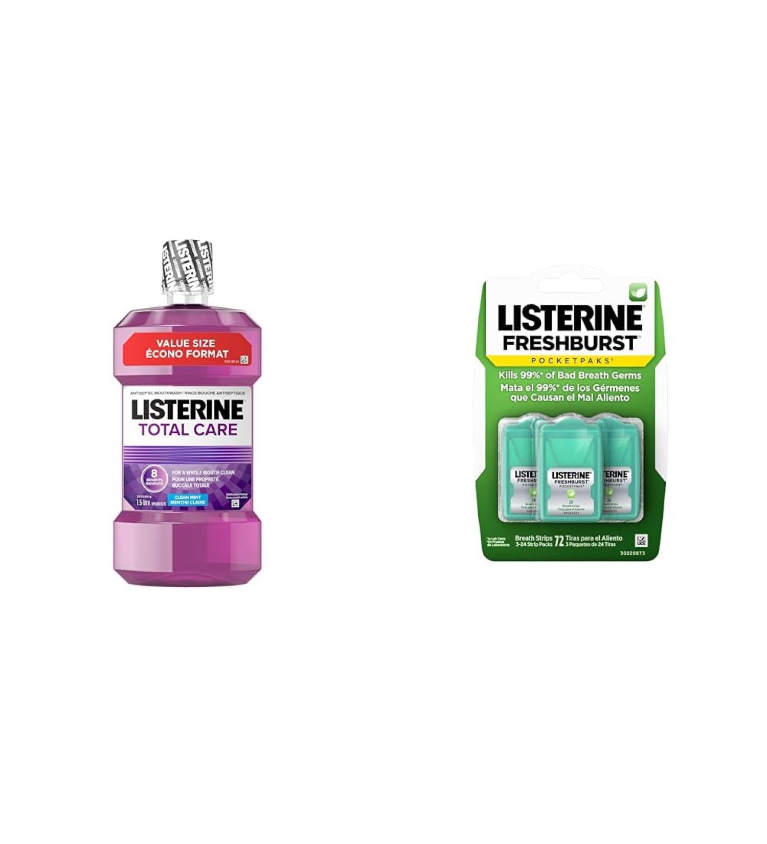 Listerine Total Care Antiseptic Mouthwash for Gingivitis and Teeth Plaque - Contains Thymol & Freshburst-Pocketpaks-Bad-Breath-Strips -Kills-Germs -Portable-Pack -24-Count -Pack-of-3 Total (1.5L) + Freshburst Pocketpaks - Buy Online on GoSupps.com