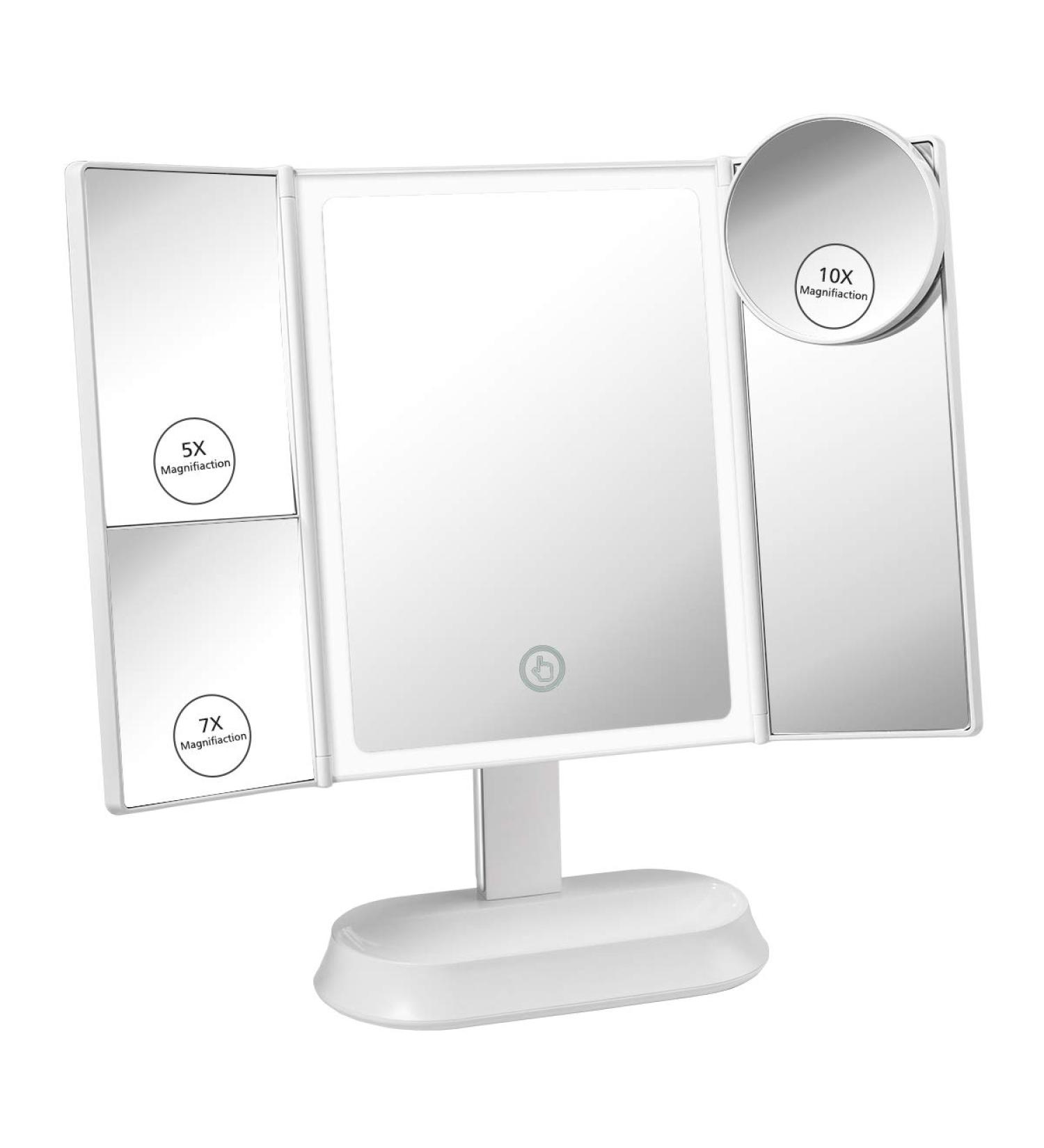 Glam Hobby Makeup Vanity Mirror with Lights - Trifold Touch Screen Dimming, 1x 5X 7X Magnification - Portable Cosmetic Lighted Mirror in White - Buy Online on GoSupps.com