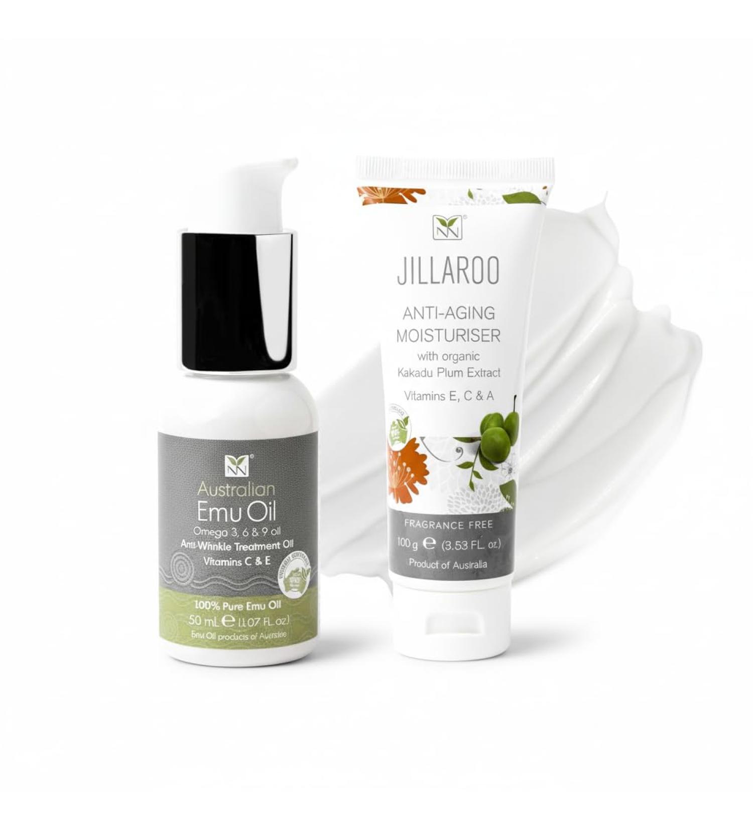 Jillaroo Natural Moisturizer & Australian Emu Oil Brightening Serum - for Face & Body to Reduce Visible Signs of Aging and Dry Skin - Antioxidant w/Vitamin A Omega 3 6 9 & Essential Oils - Buy Online on GoSupps.com
