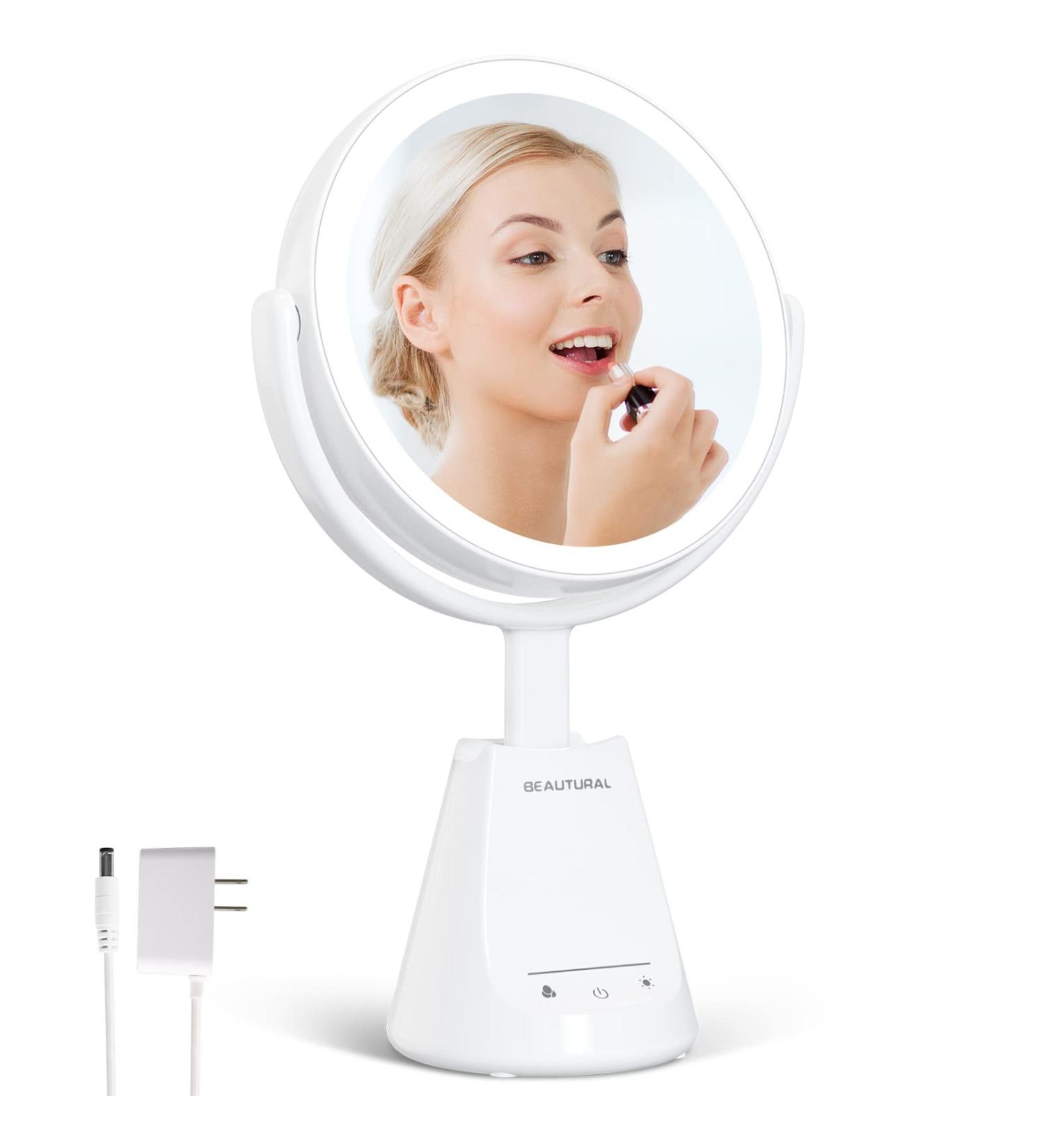 Lighted Makeup Vanity Mirror | Double-Sided 1x/10x Magnifying Mirror with Adjustable Brightness and Standing Height | 360 Rotation, Touch Sensor, AC Adapter - 3 Colors - Buy Online on GoSupps.com