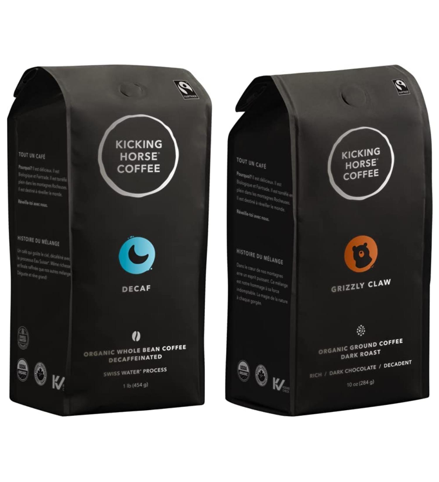 Kicking Horse Coffee Decaf Swiss Water Process Dark Roast Whole Bean 1 lb Fairtrade Kosher Coffee & Grizzly Claw Dark Roast Ground 284 g - Certified Organic Fairtrade Kosher Coffee - Buy Online on GoSupps.com