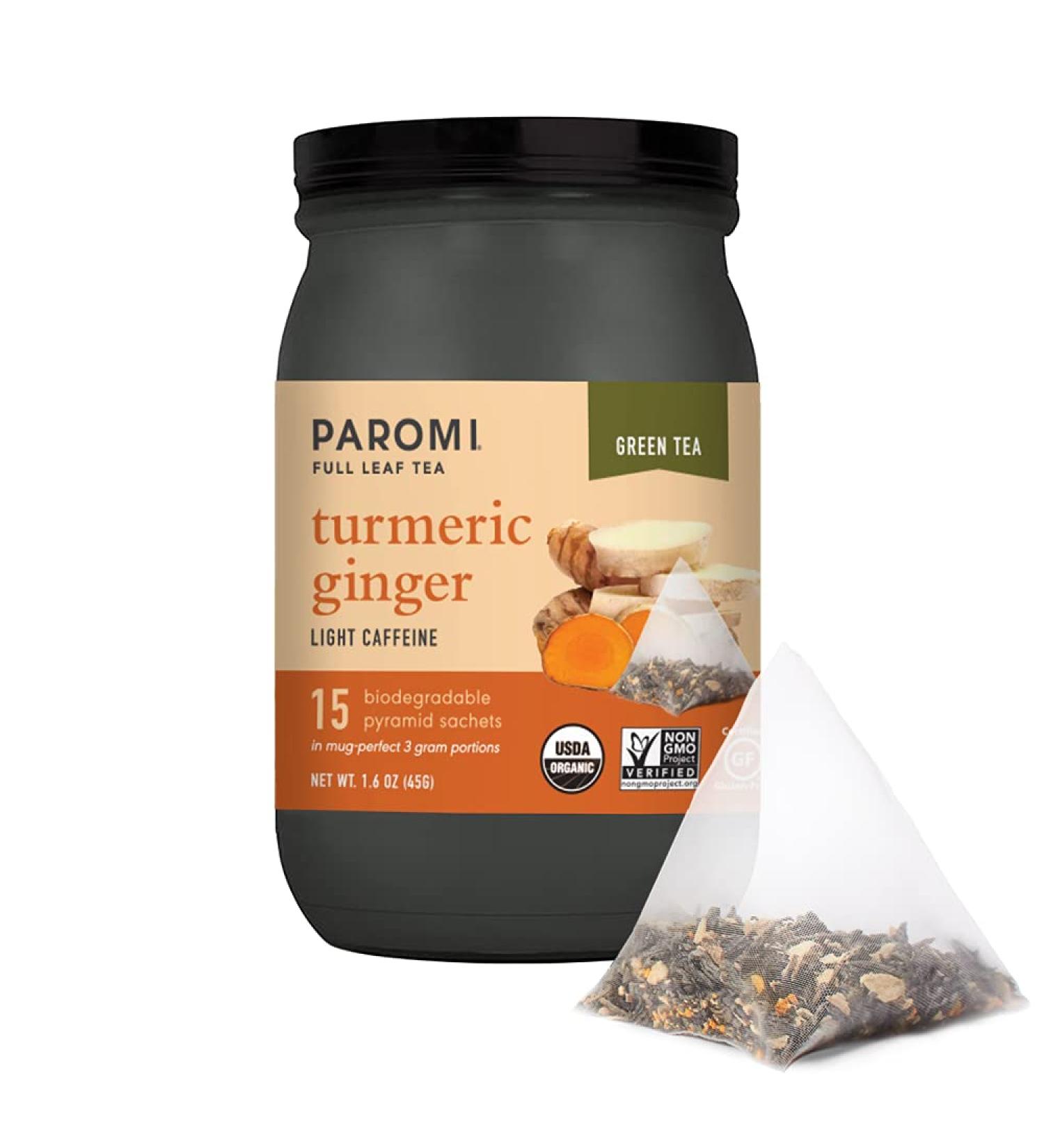 Paromi Organic Turmeric Ginger Green Tea - 15 Non-GMO Pyramid Tea Bags - Buy Online on GoSupps.com