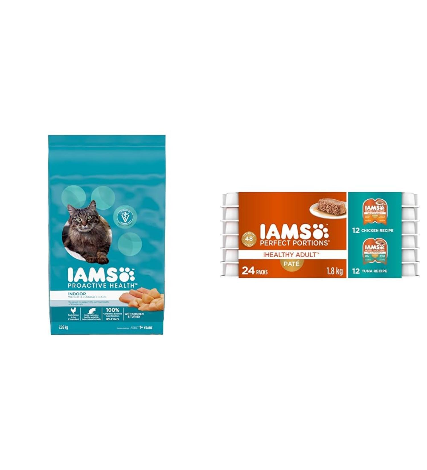 IAMS Proactive Health Dry Cat Food Adult - Indoor Weight & Hairball Care - Chicken & Turkey 7.26kg & Perfect Portions Wet Cat Food Adult Grain Free - Chicken and Tuna Pat Variety Pack 75g (24 Pack) 7.26 kg (Pack of 1) Dry Cat Food + PET_FOOD 350116 - Buy Online on GoSupps.com