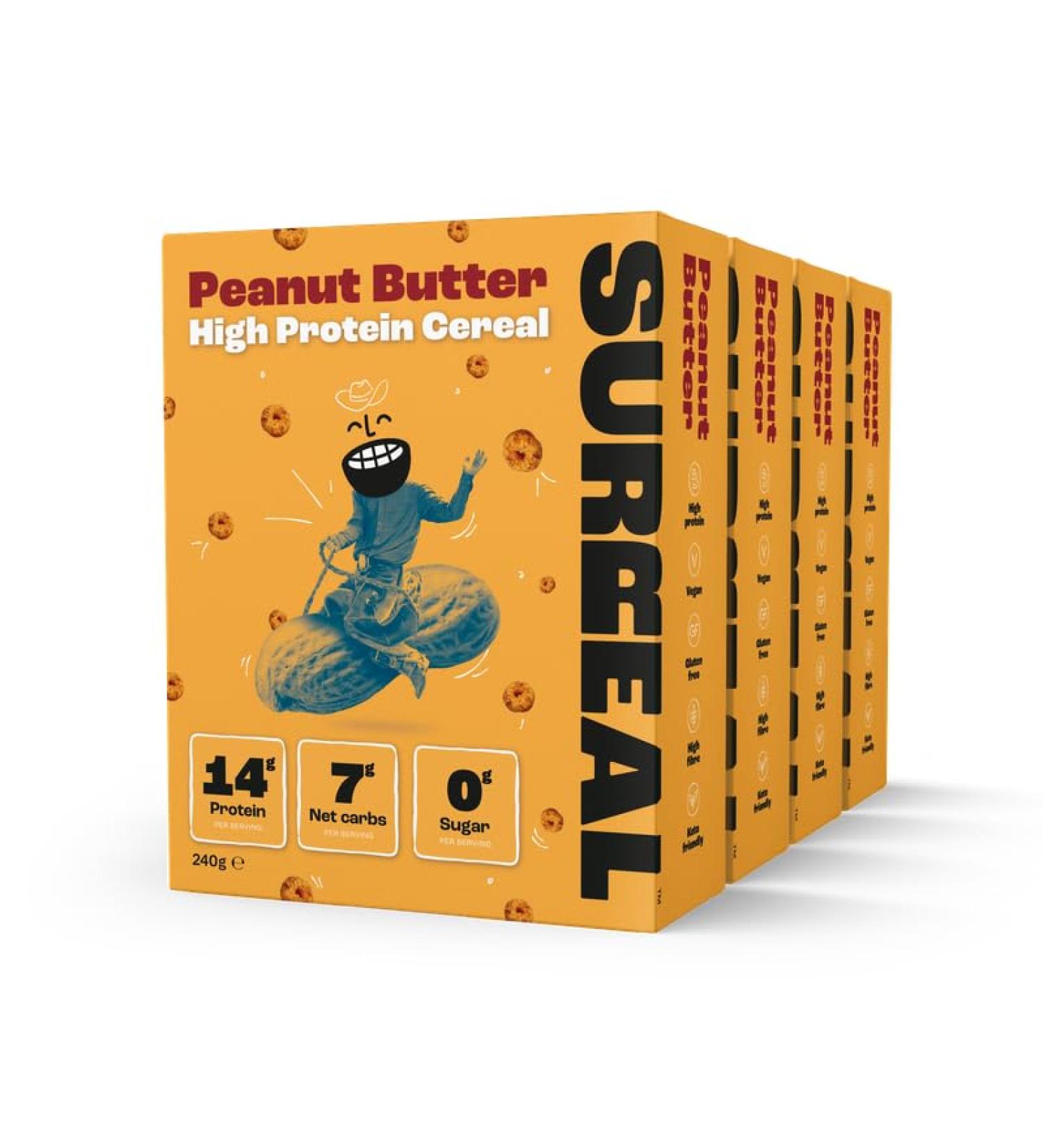 Surreal Peanut - High Protein Cereal - Low Sugar- Healthy Plant Based Cereal - High in Fibre - Low Carb - Gluten Free - Vegan - 13g of Protein 0g of Sugar - 240g per Box - 4 Pack (4 x Peanut) - Buy Online on GoSupps.com