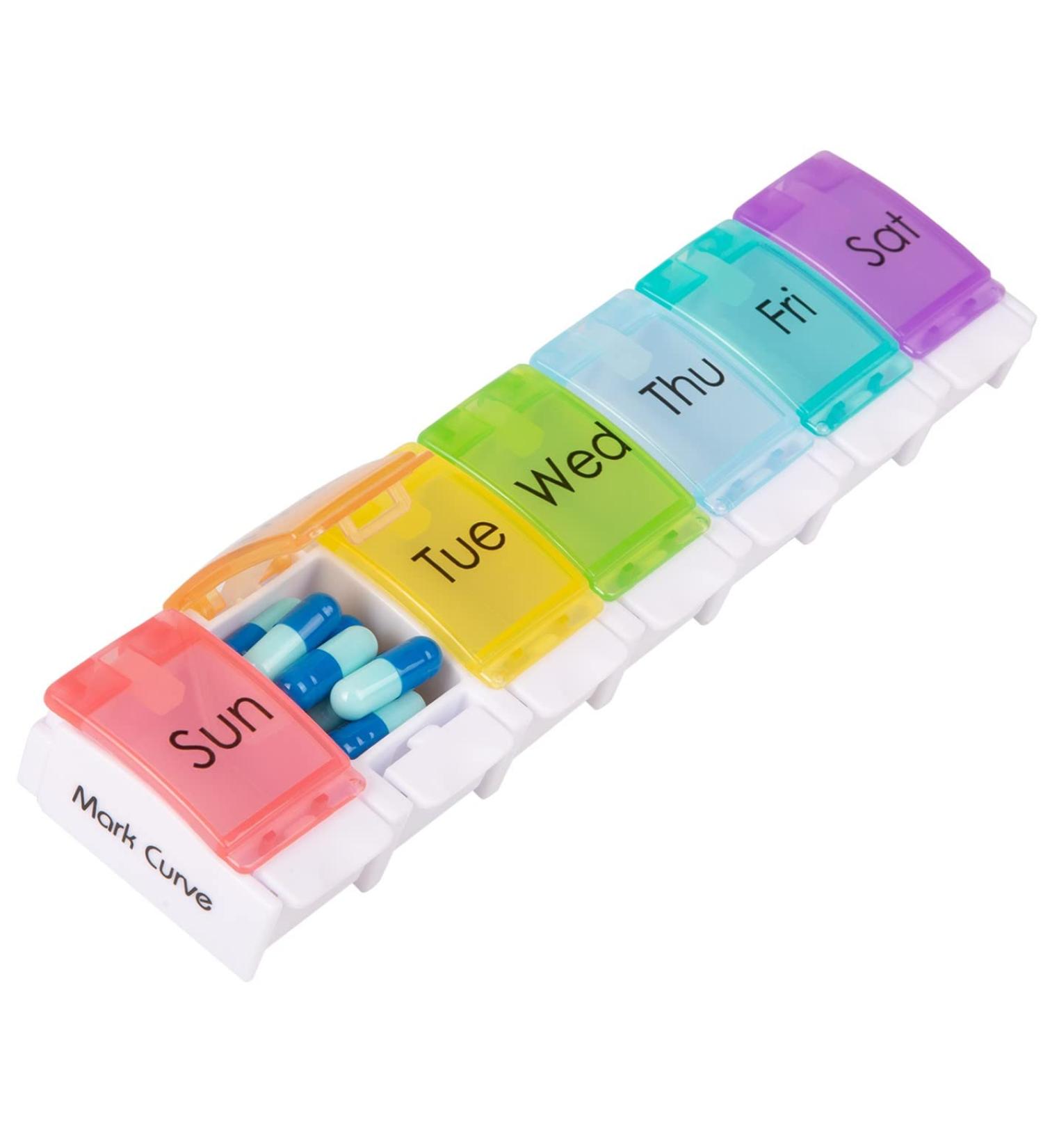 Portable Weekly Pill Box Organiser | Easy to Open 7 Day Premium Quality Tablet Box | Travel Pill Case with Push Button Pop Open Lids Design |Tablet Organiser for Vitamins Supplements & Medicine Multicolor RB-SR - Buy Online on GoSupps.com